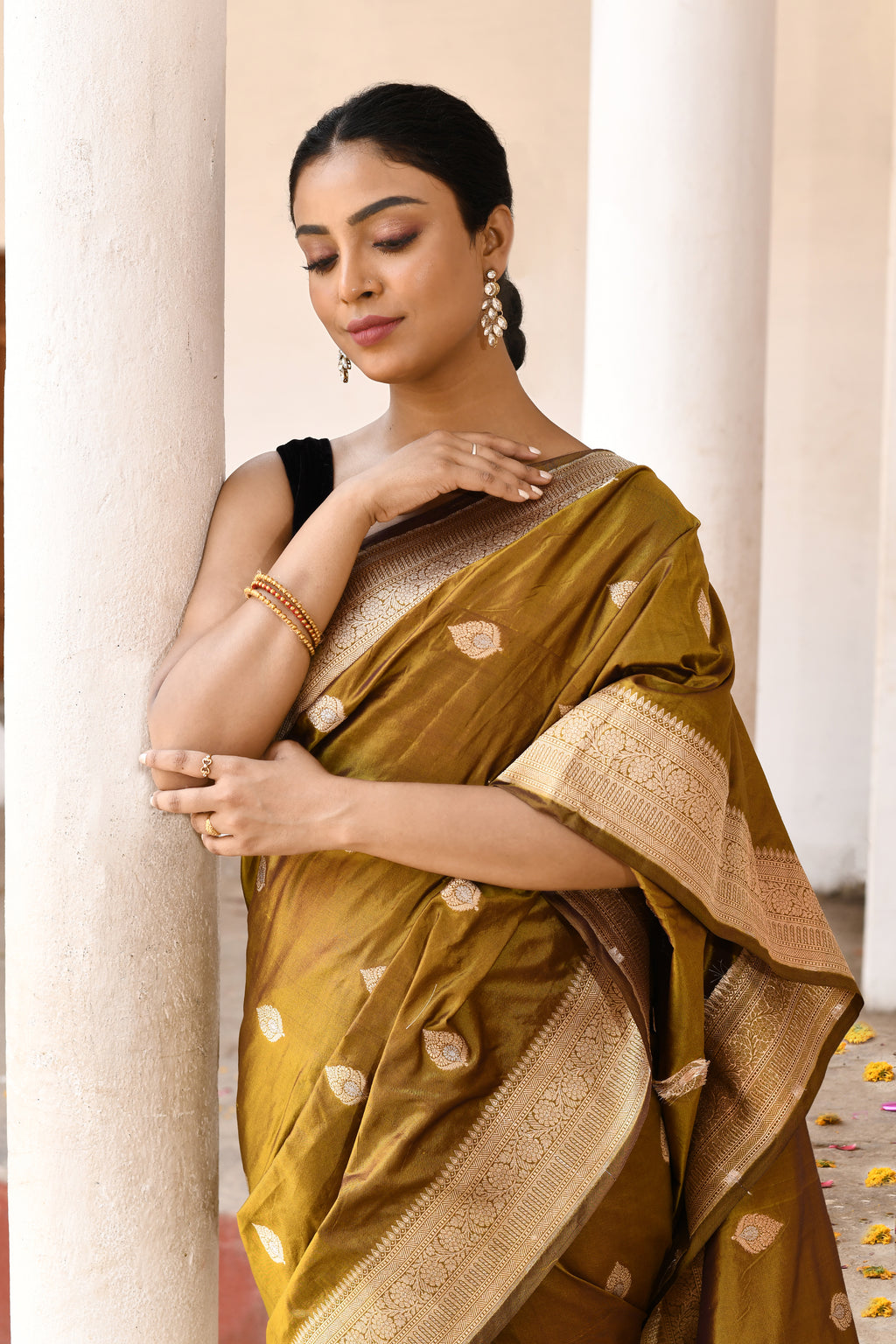 Olive Green Handwoven Banarasi Katan Silk Saree