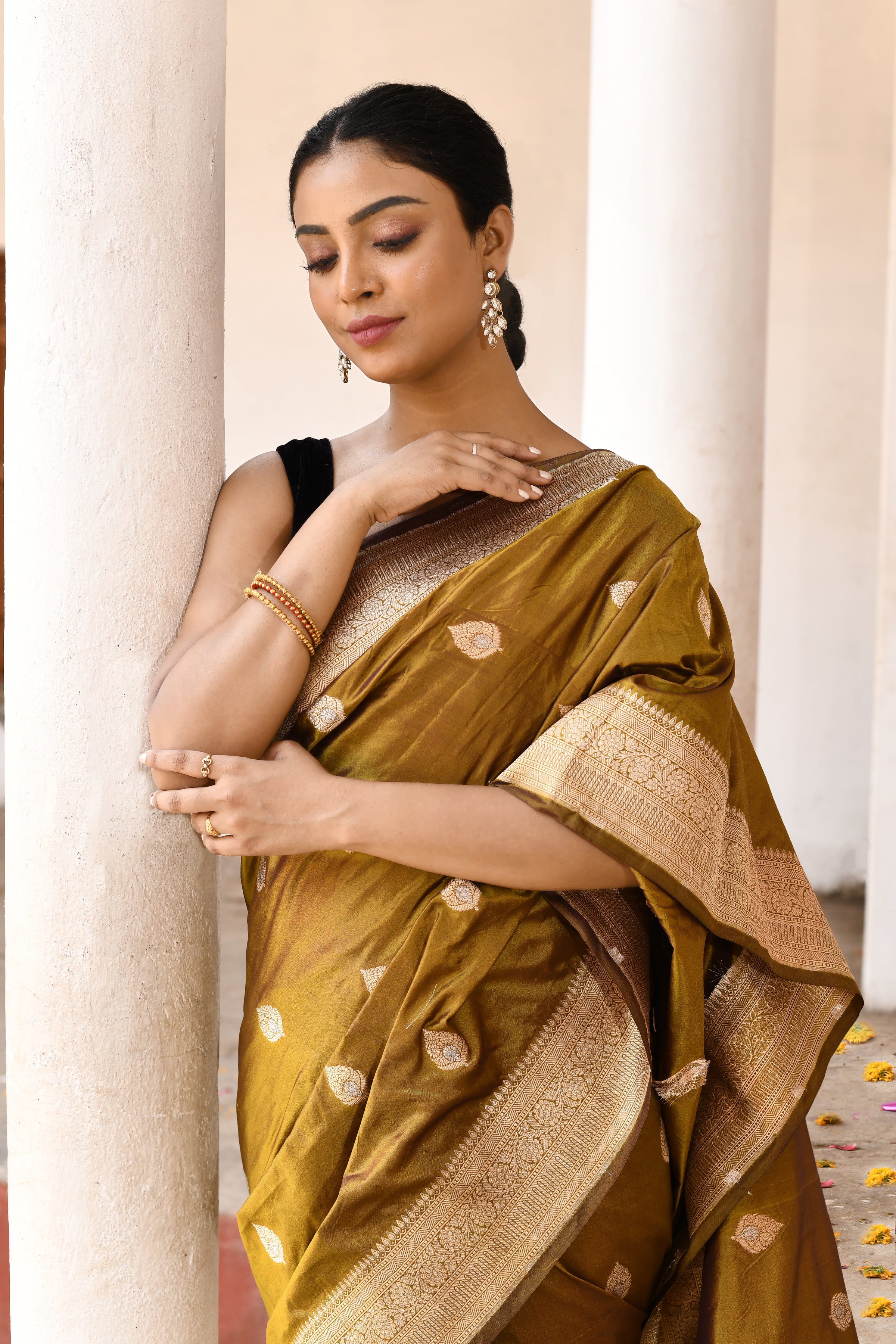 Olive Green Handwoven Banarasi Katan Silk Saree