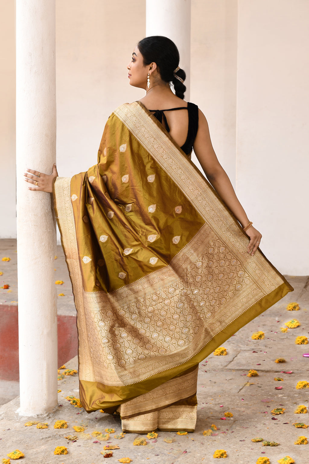 Olive Green Handwoven Banarasi Katan Silk Saree