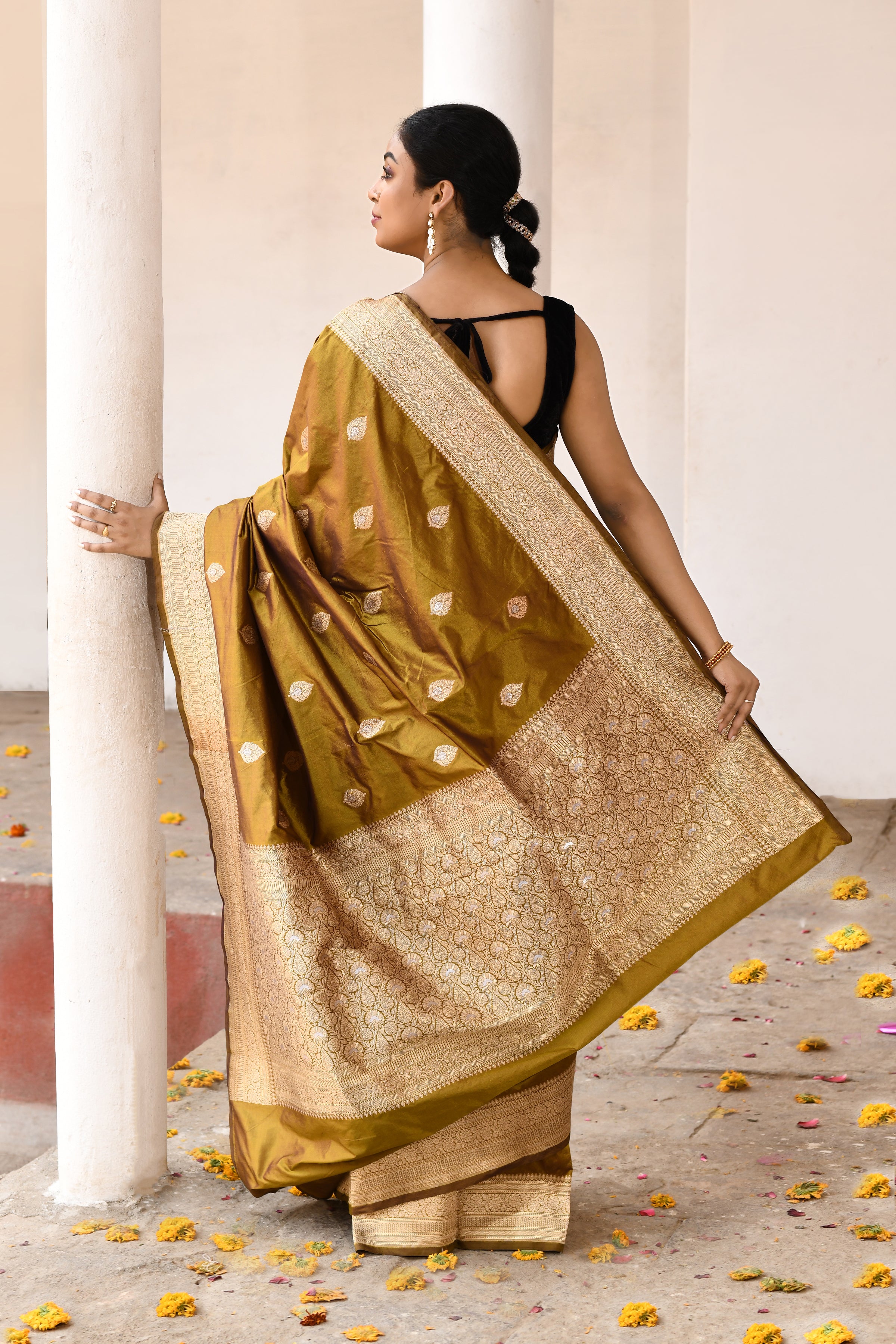 Olive Green Handwoven Banarasi Katan Silk Saree