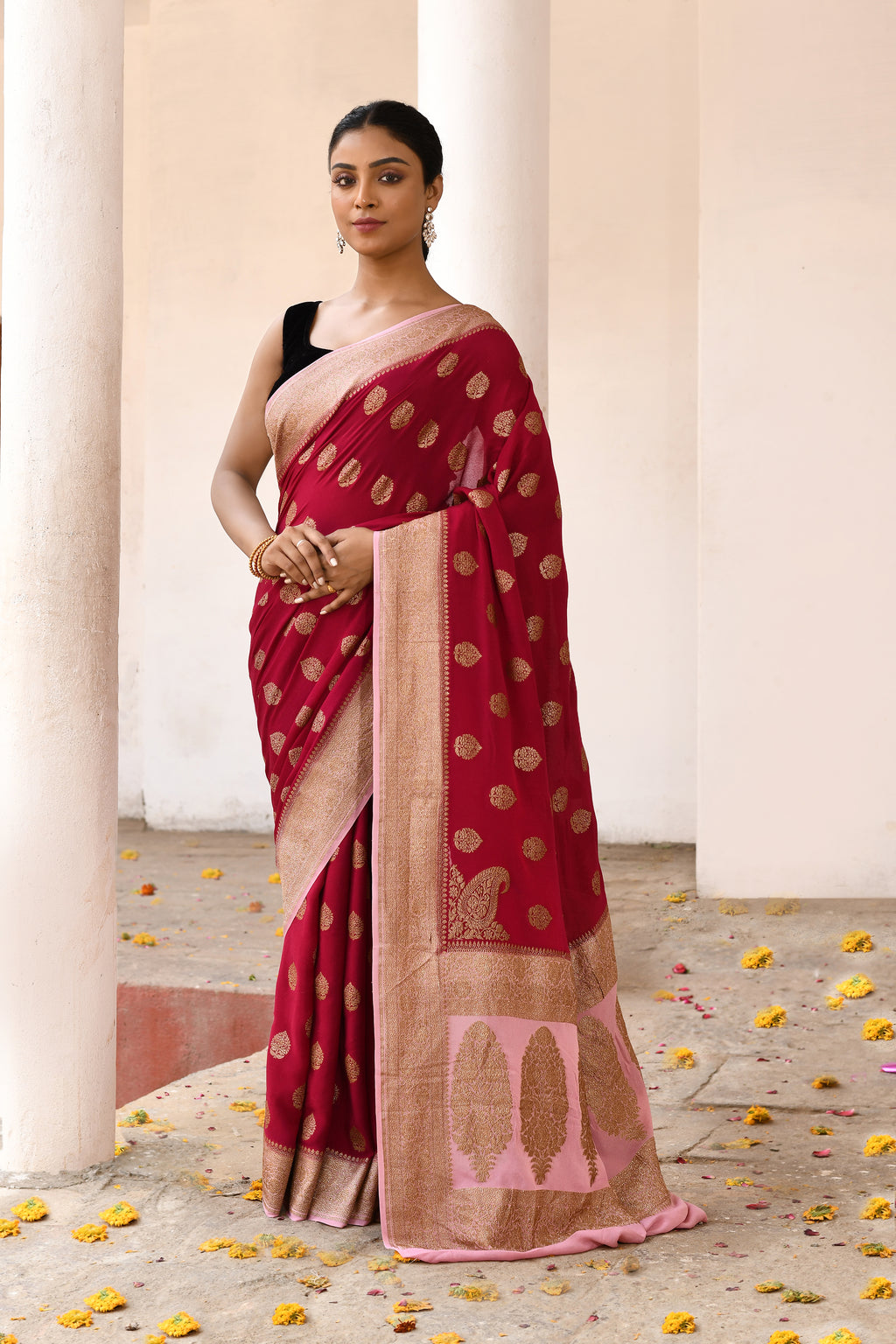 Banarasi Crape Chiffon Silk Saree in Deep Red