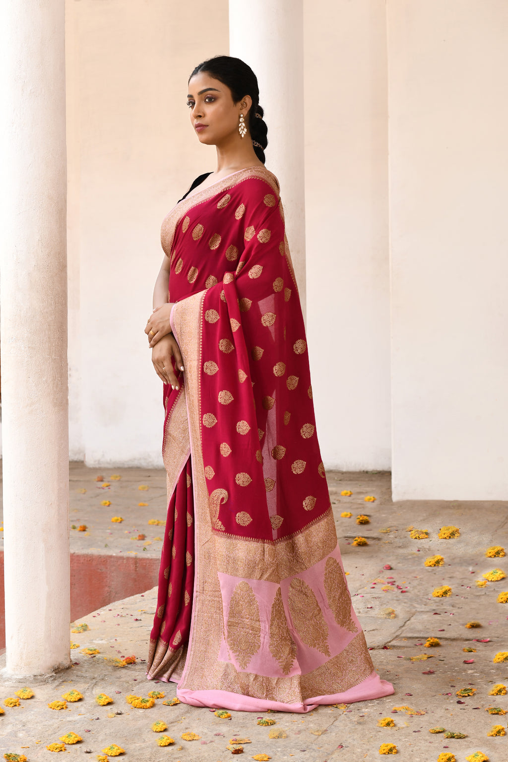 Banarasi Crape Chiffon Silk Saree in Deep Red