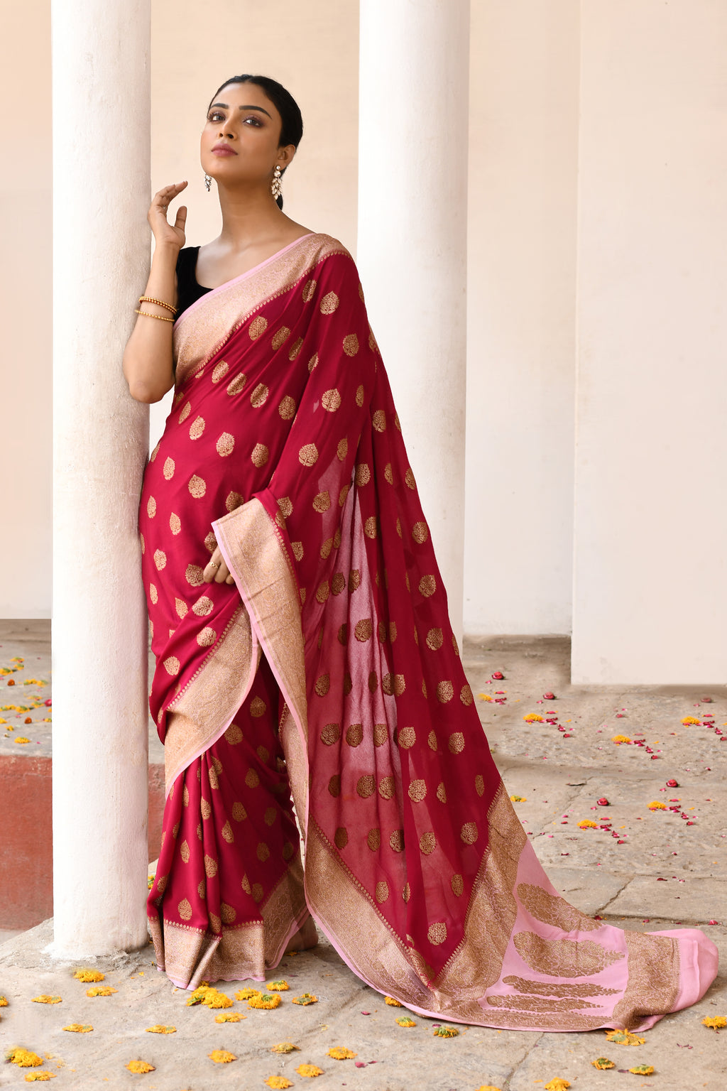 Banarasi Crape Chiffon Silk Saree in Deep Red