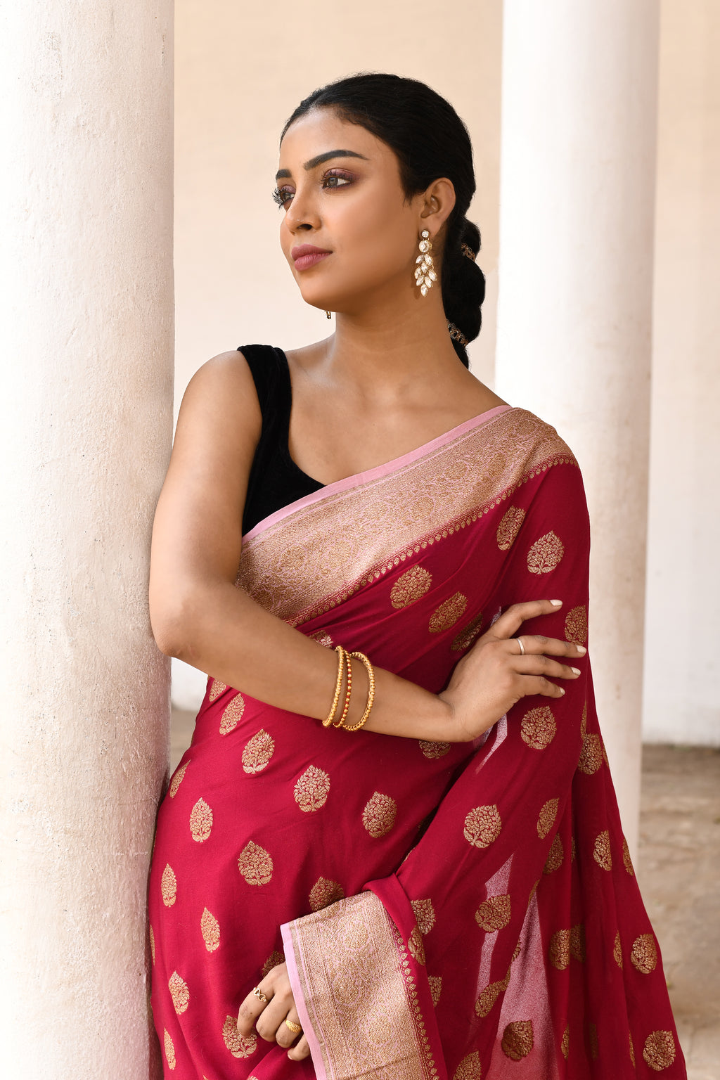 Banarasi Crape Chiffon Silk Saree in Deep Red