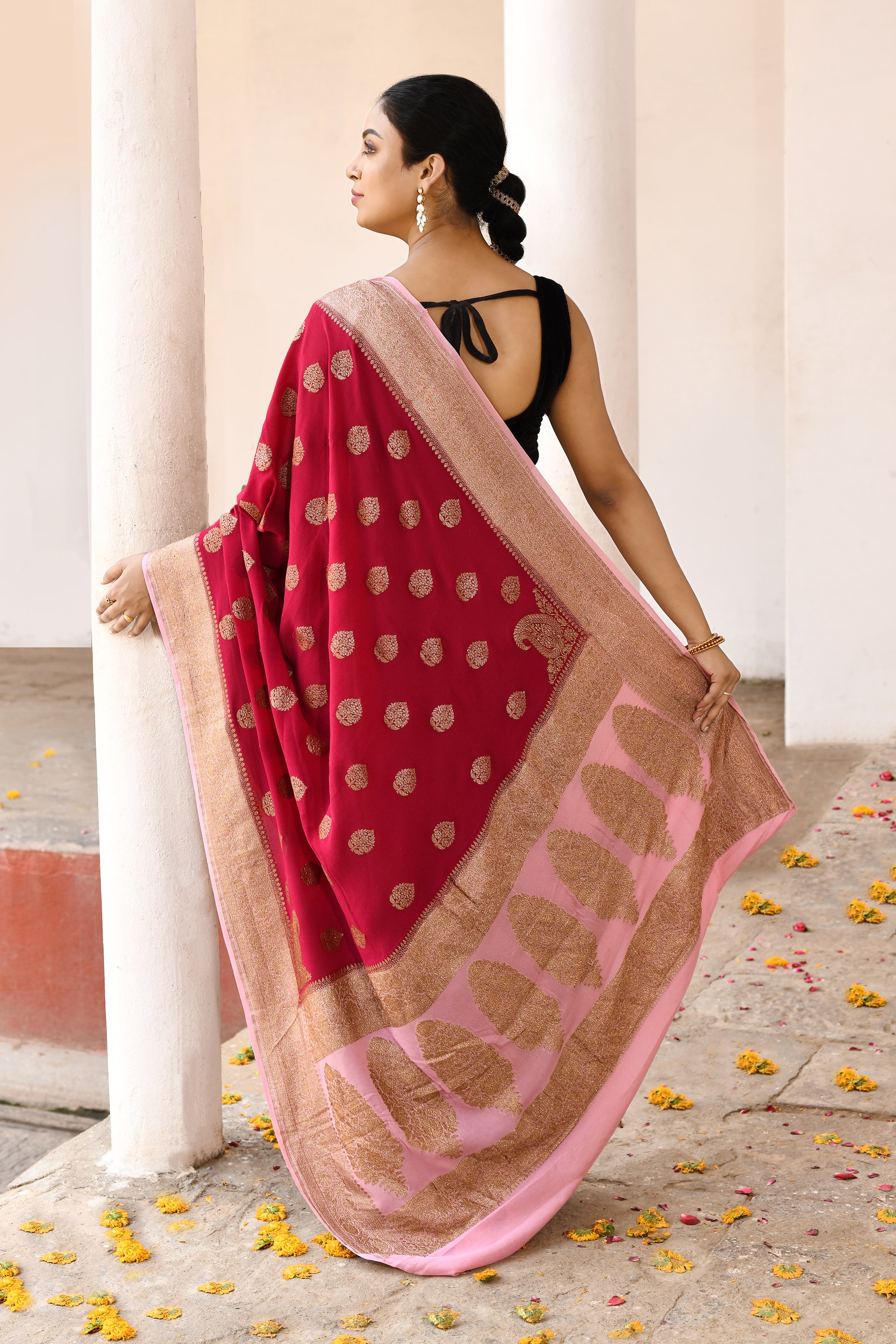 Banarasi Crape Chiffon Silk Saree in Deep Red