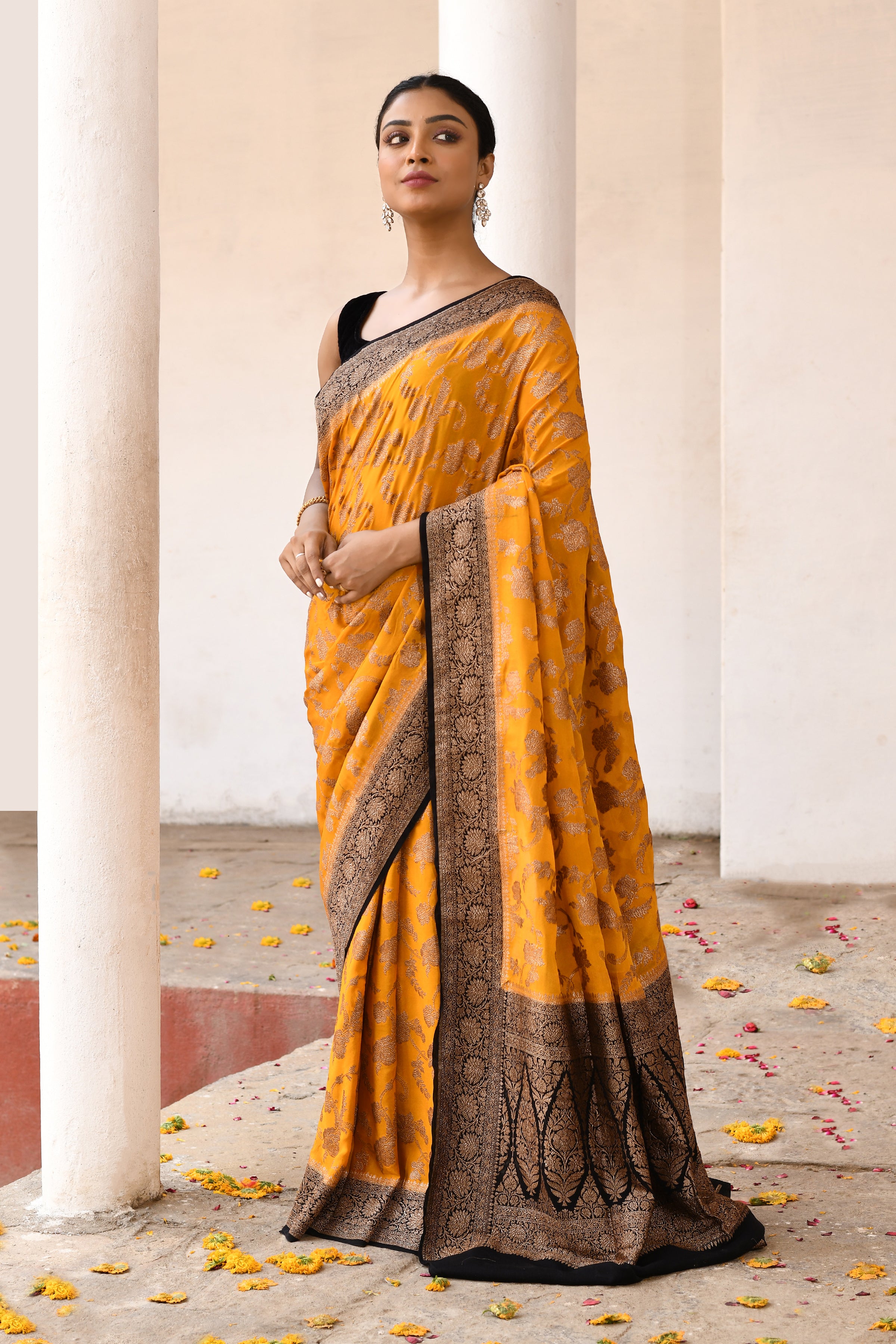 Golden Yellow Banarasi Crape Chiffon Silk Saree