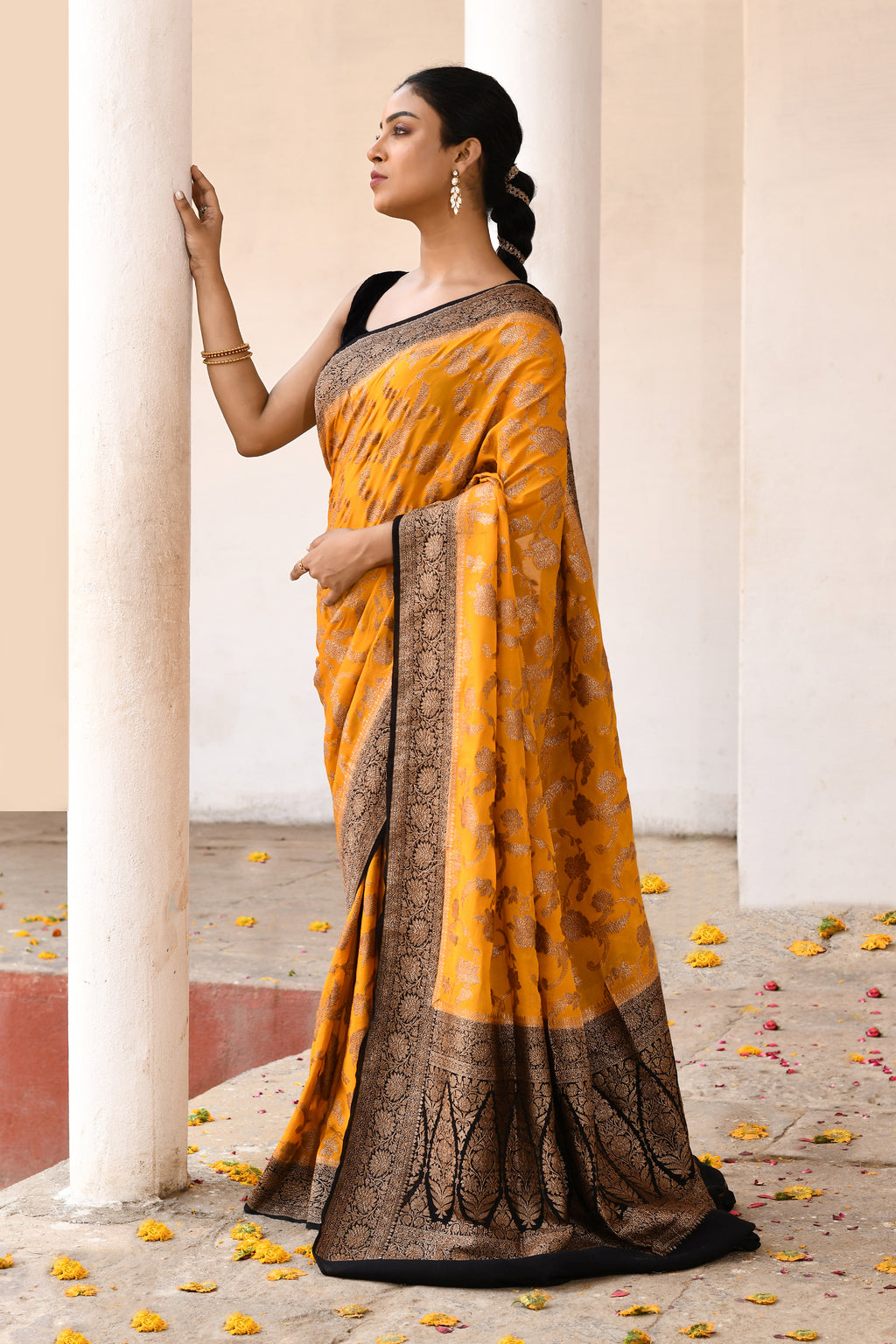 Golden Yellow Banarasi Crape Chiffon Silk Saree