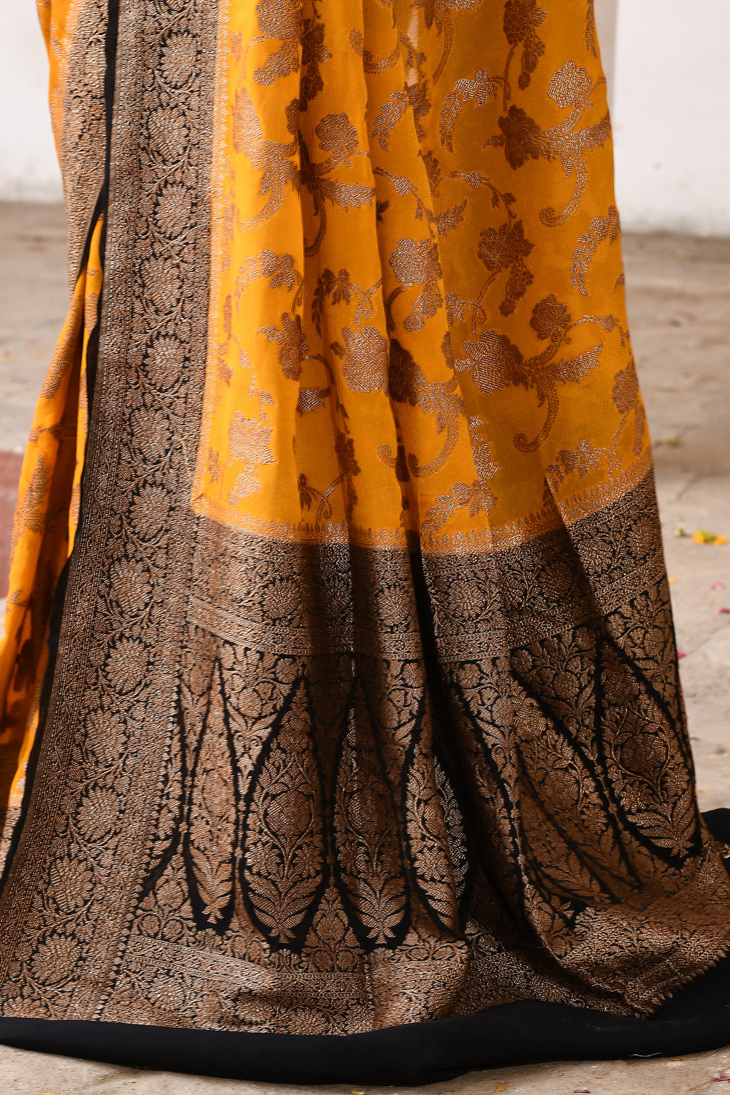 Golden Yellow Banarasi Crape Chiffon Silk Saree