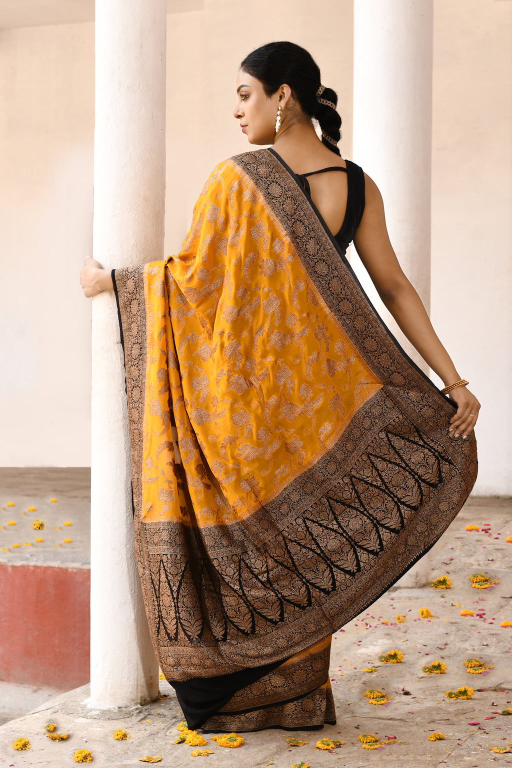 Golden Yellow Banarasi Crape Chiffon Silk Saree