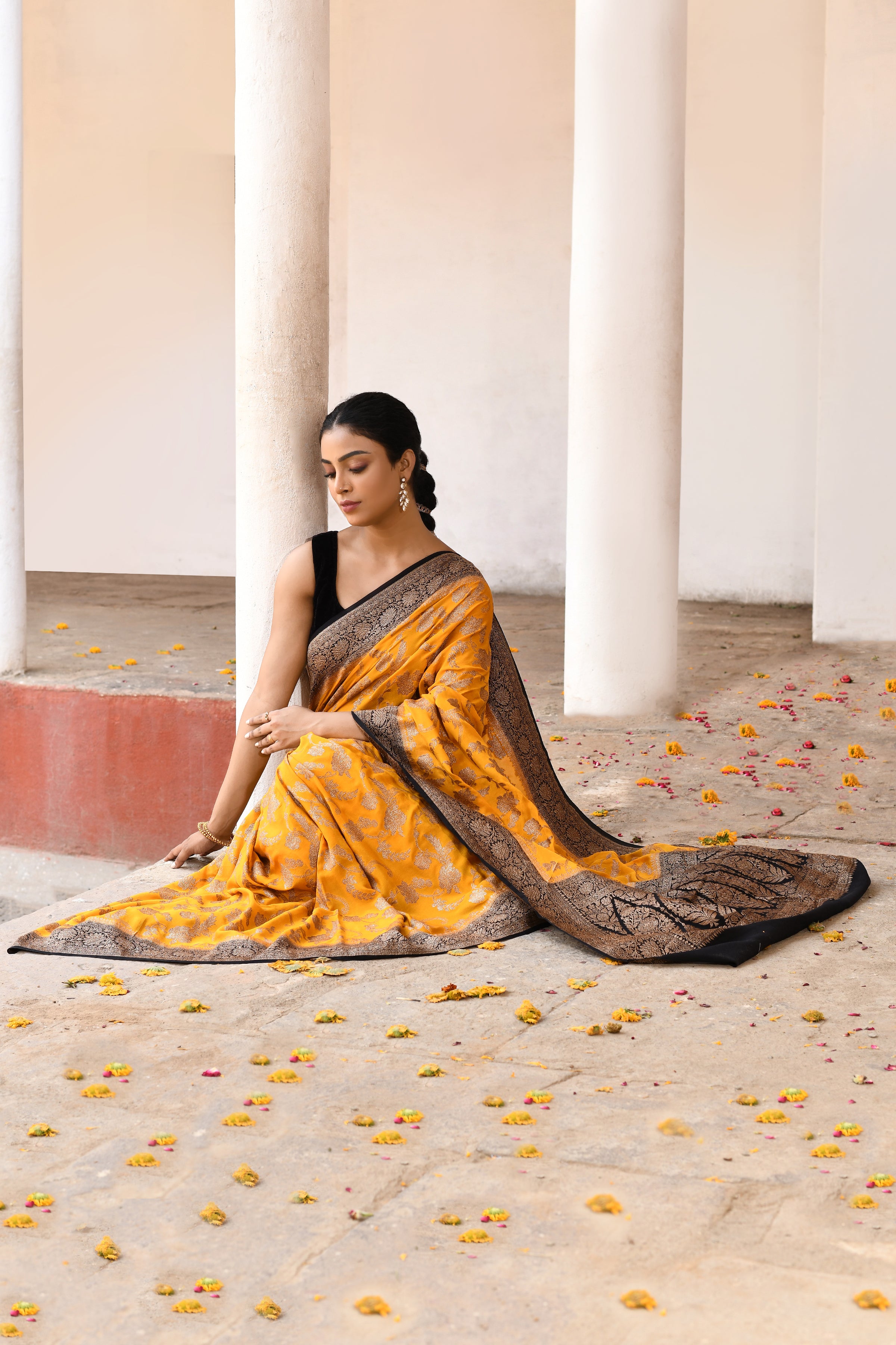 Golden Yellow Banarasi Crape Chiffon Silk Saree