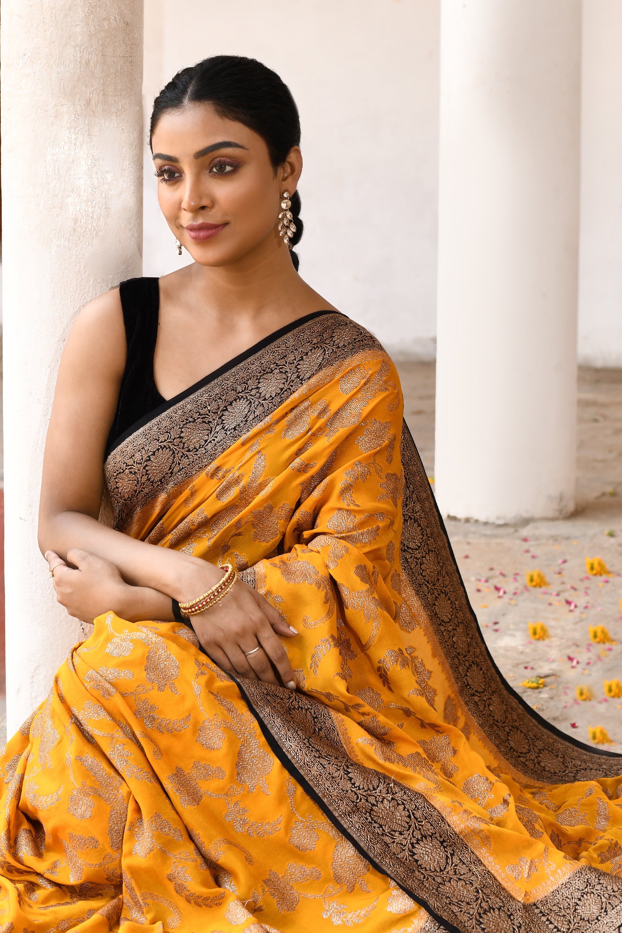 Golden Yellow Banarasi Crape Chiffon Silk Saree