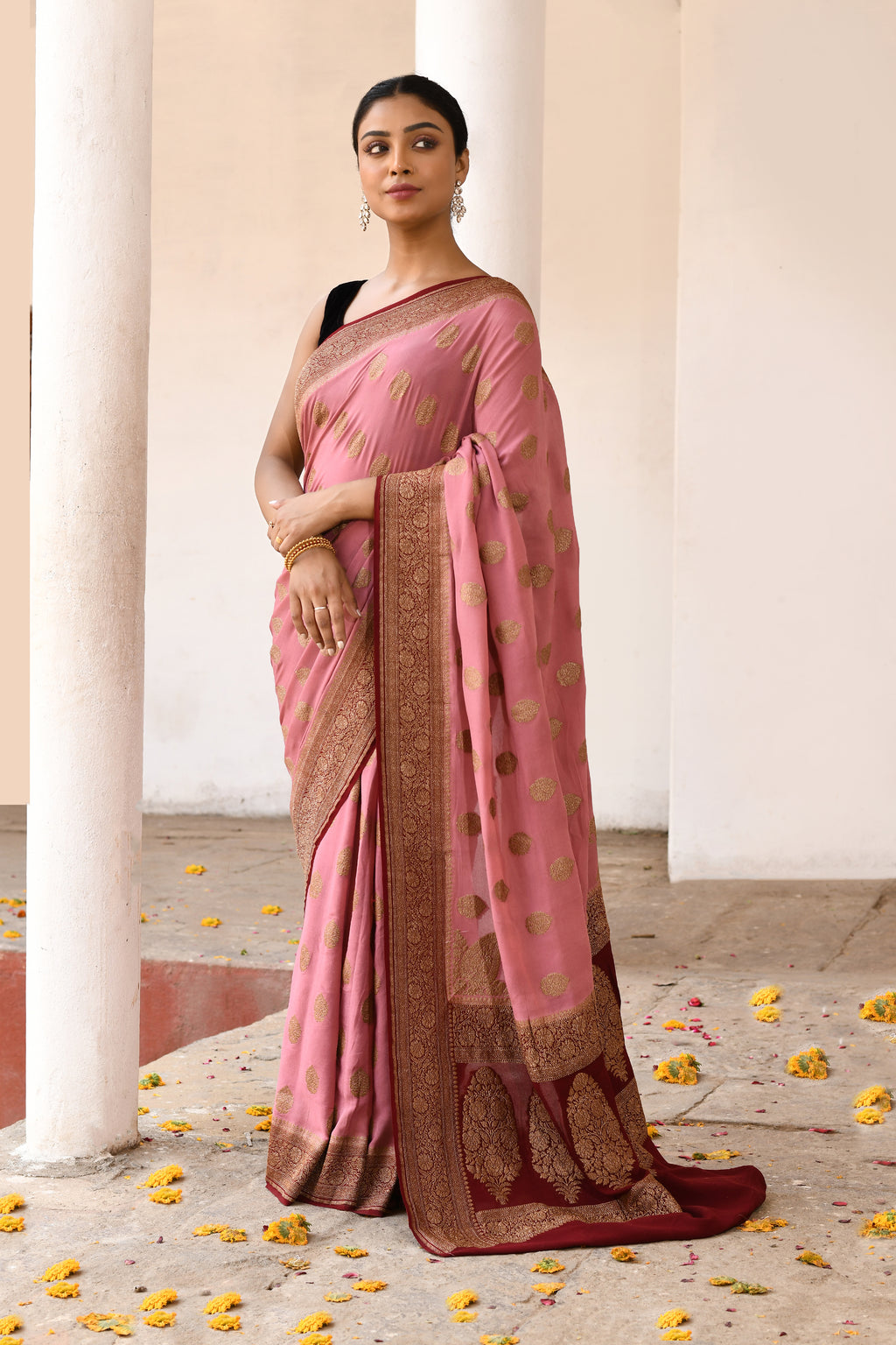 Pink Handwoven Banarasi Crape Chiffon Silk Saree