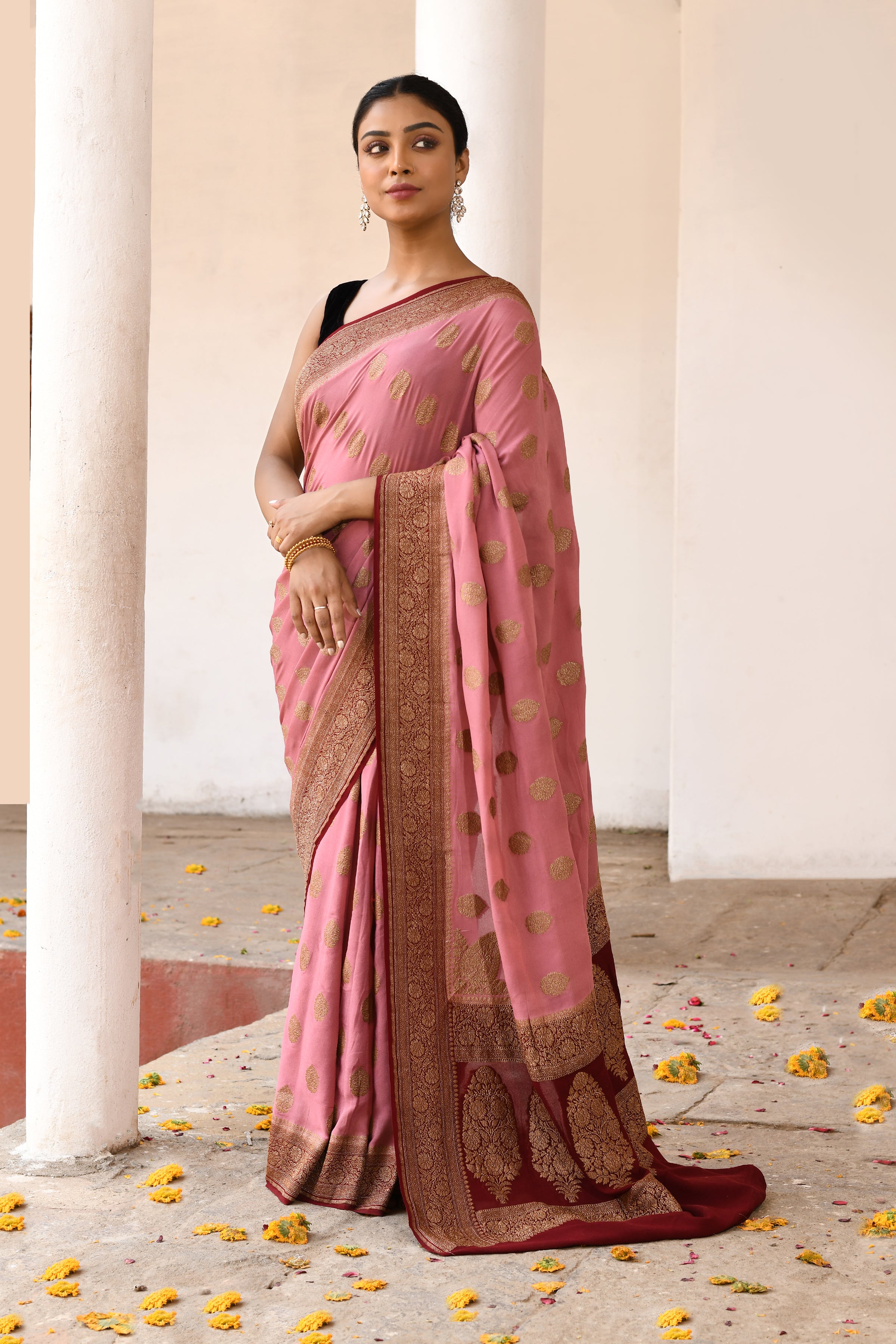 Pink Handwoven Banarasi Crape Chiffon Silk Saree