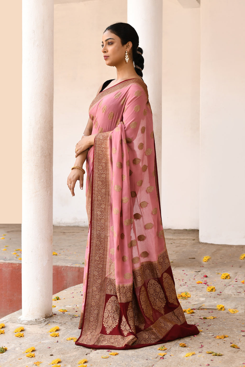 Pink Handwoven Banarasi Crape Chiffon Silk Saree
