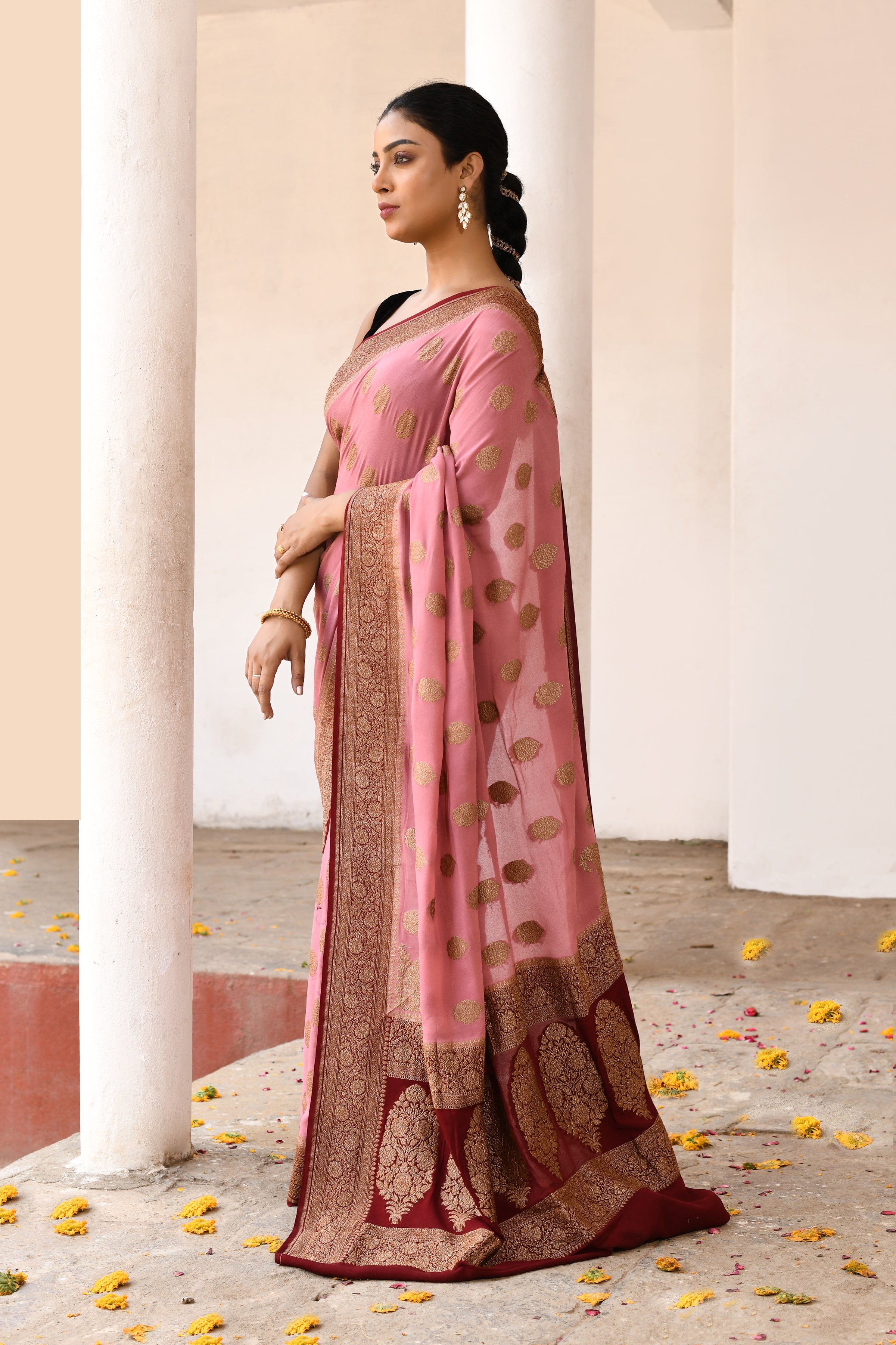Pink Handwoven Banarasi Crape Chiffon Silk Saree