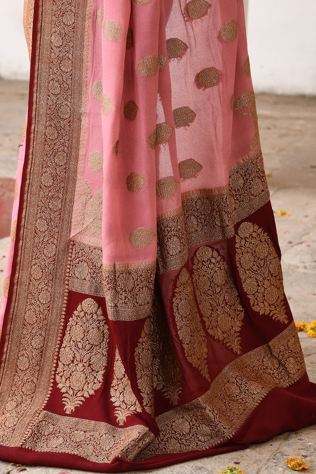 Pink Handwoven Banarasi Crape Chiffon Silk Saree