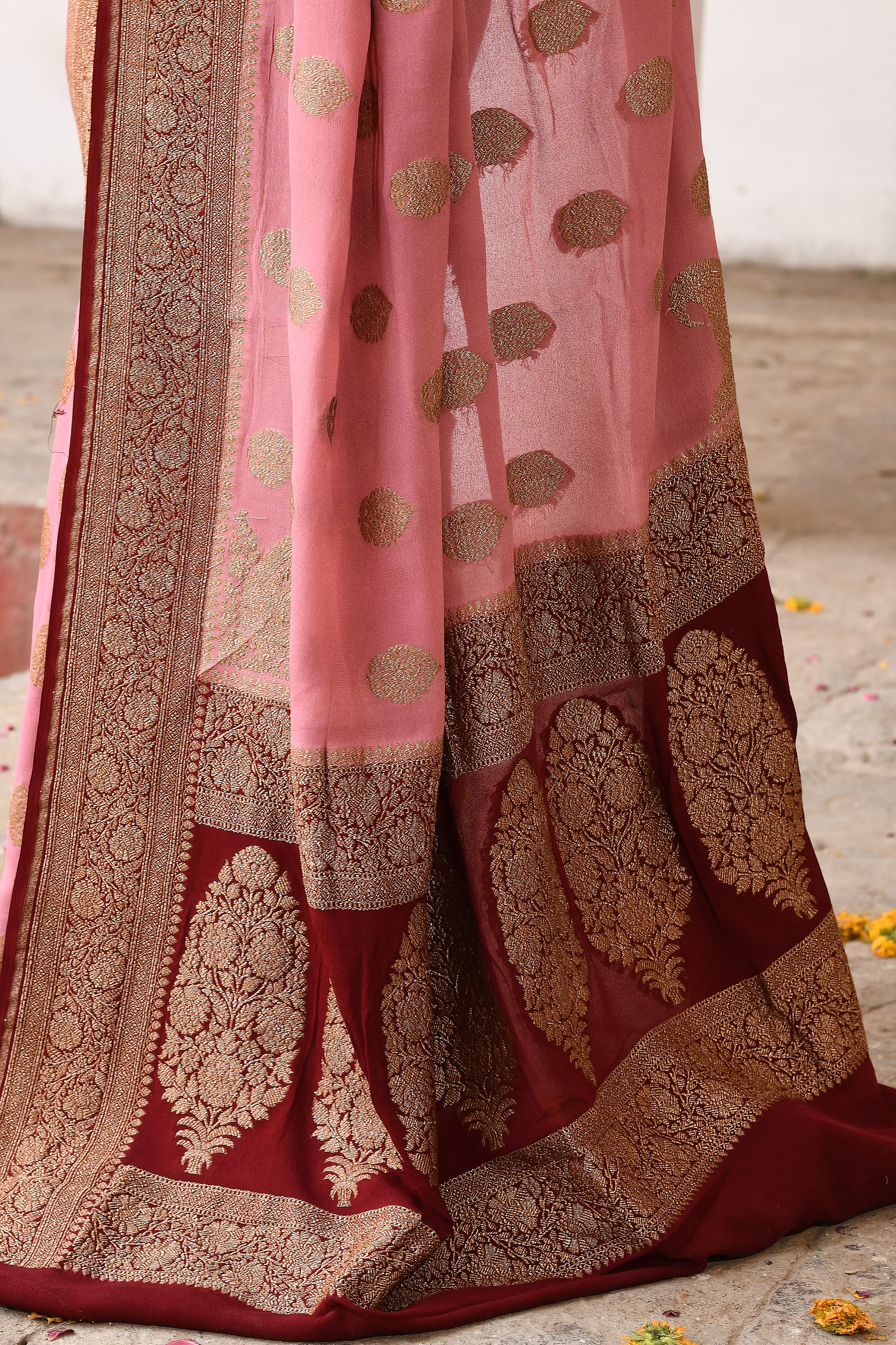 Pink Handwoven Banarasi Crape Chiffon Silk Saree