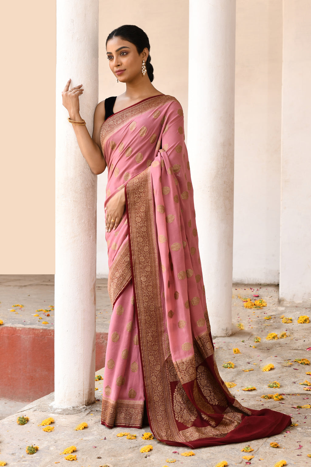 Pink Handwoven Banarasi Crape Chiffon Silk Saree