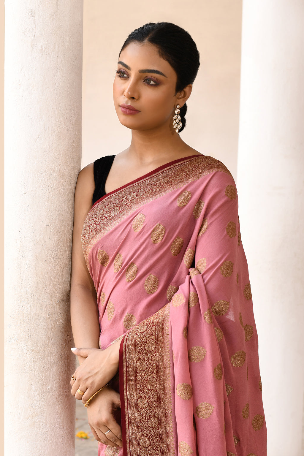 Pink Handwoven Banarasi Crape Chiffon Silk Saree
