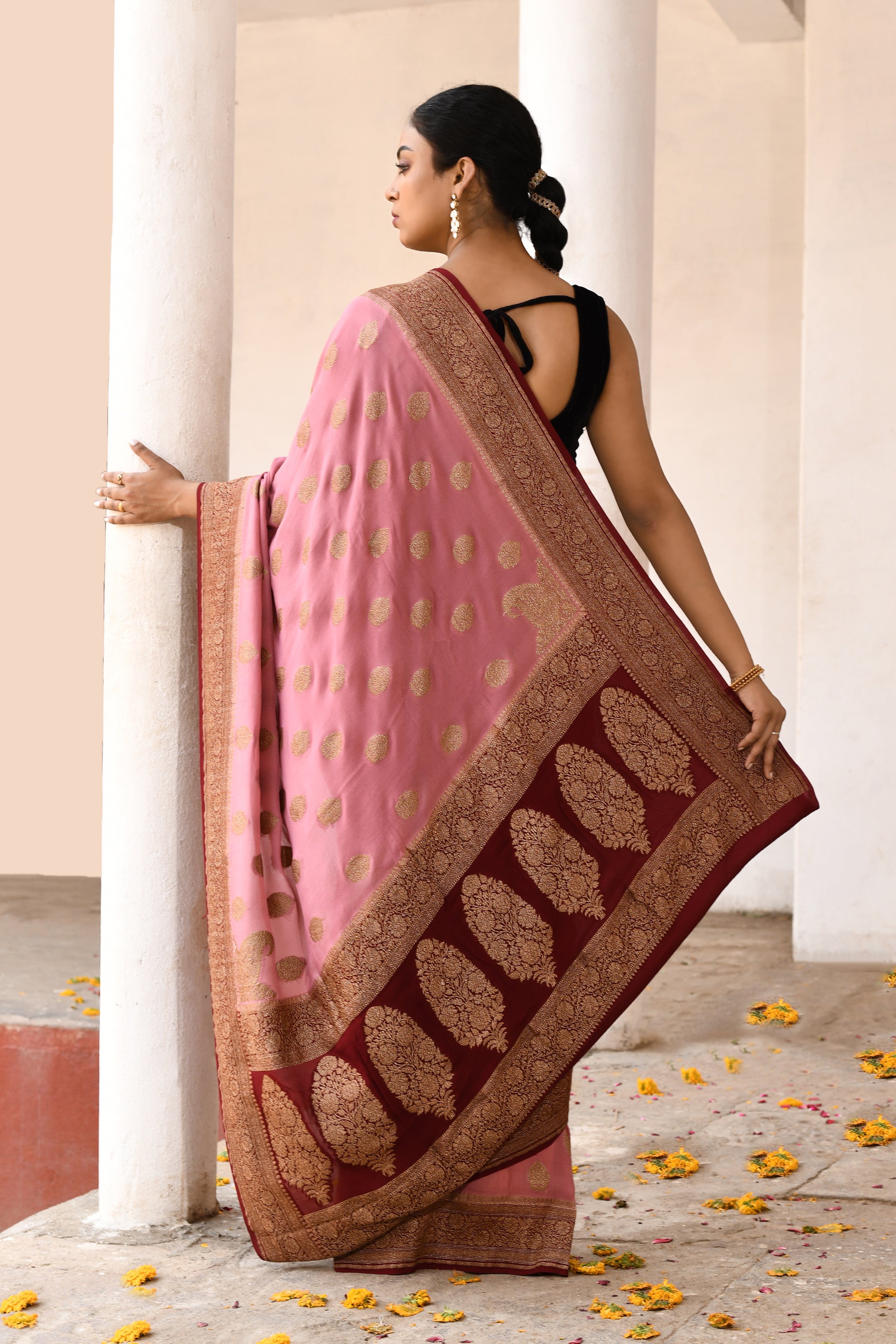 Pink Handwoven Banarasi Crape Chiffon Silk Saree