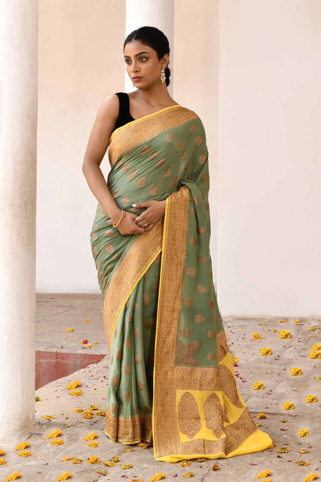 Green Banarasi Crape Chiffon Silk Saree