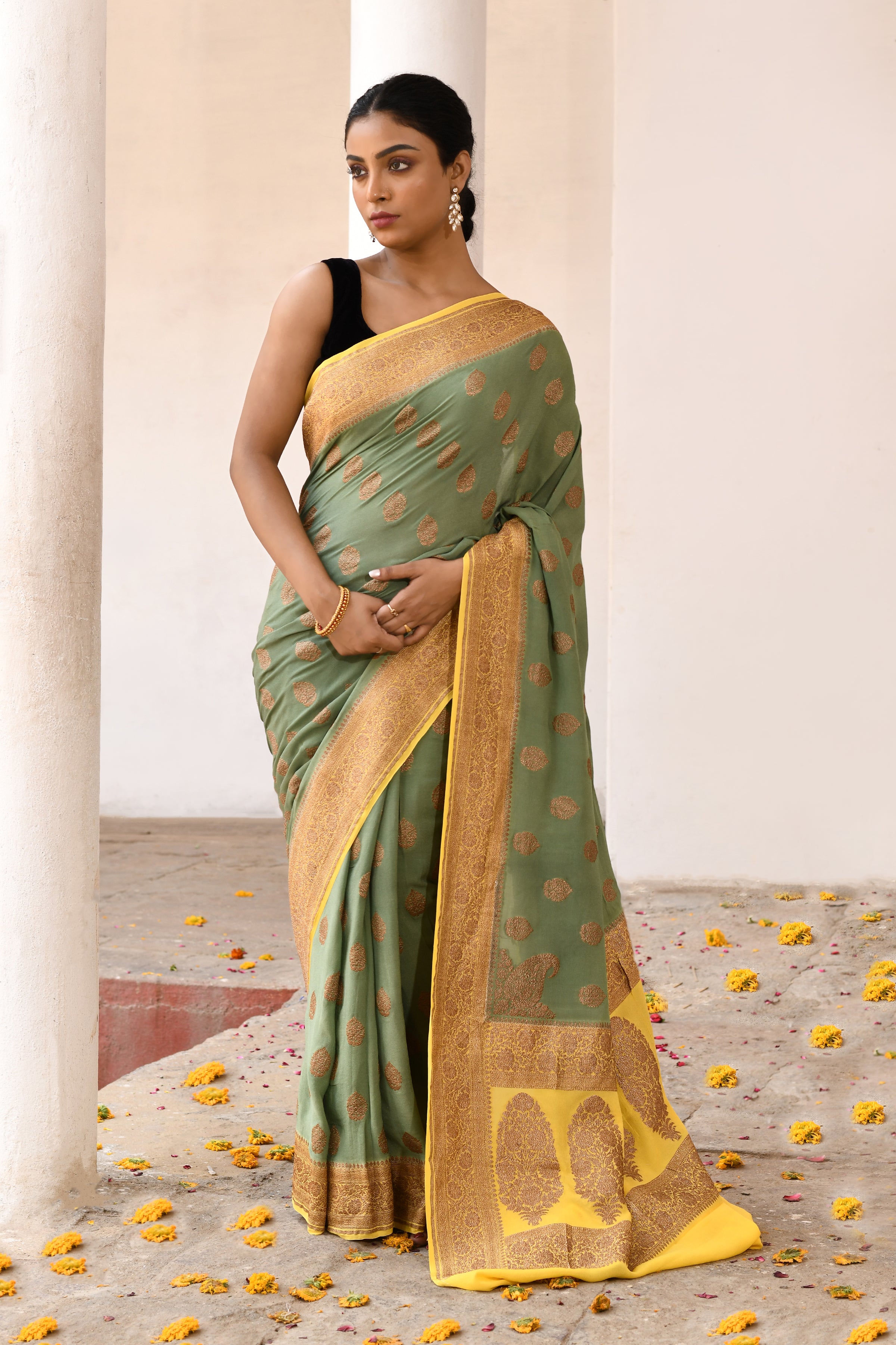 Green Banarasi Crape Chiffon Silk Saree