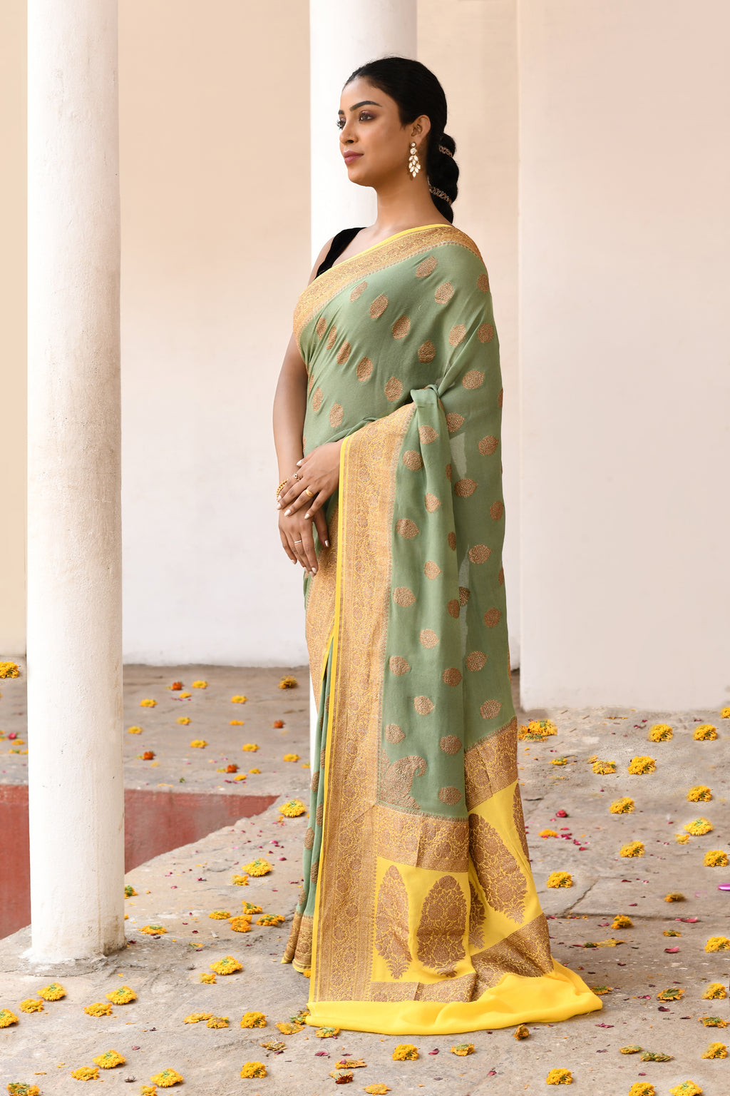 Green Banarasi Crape Chiffon Silk Saree