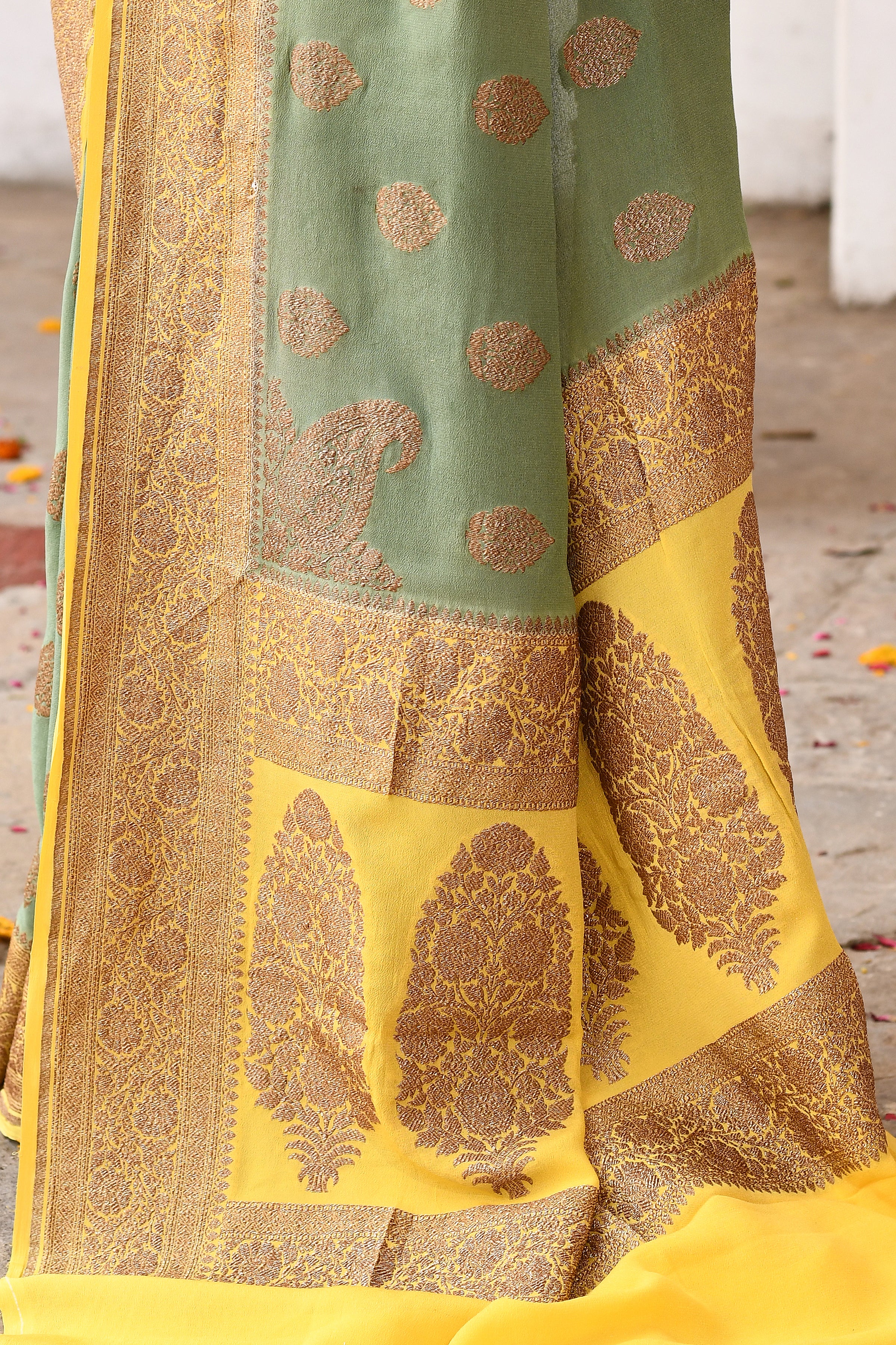 Green Banarasi Crape Chiffon Silk Saree