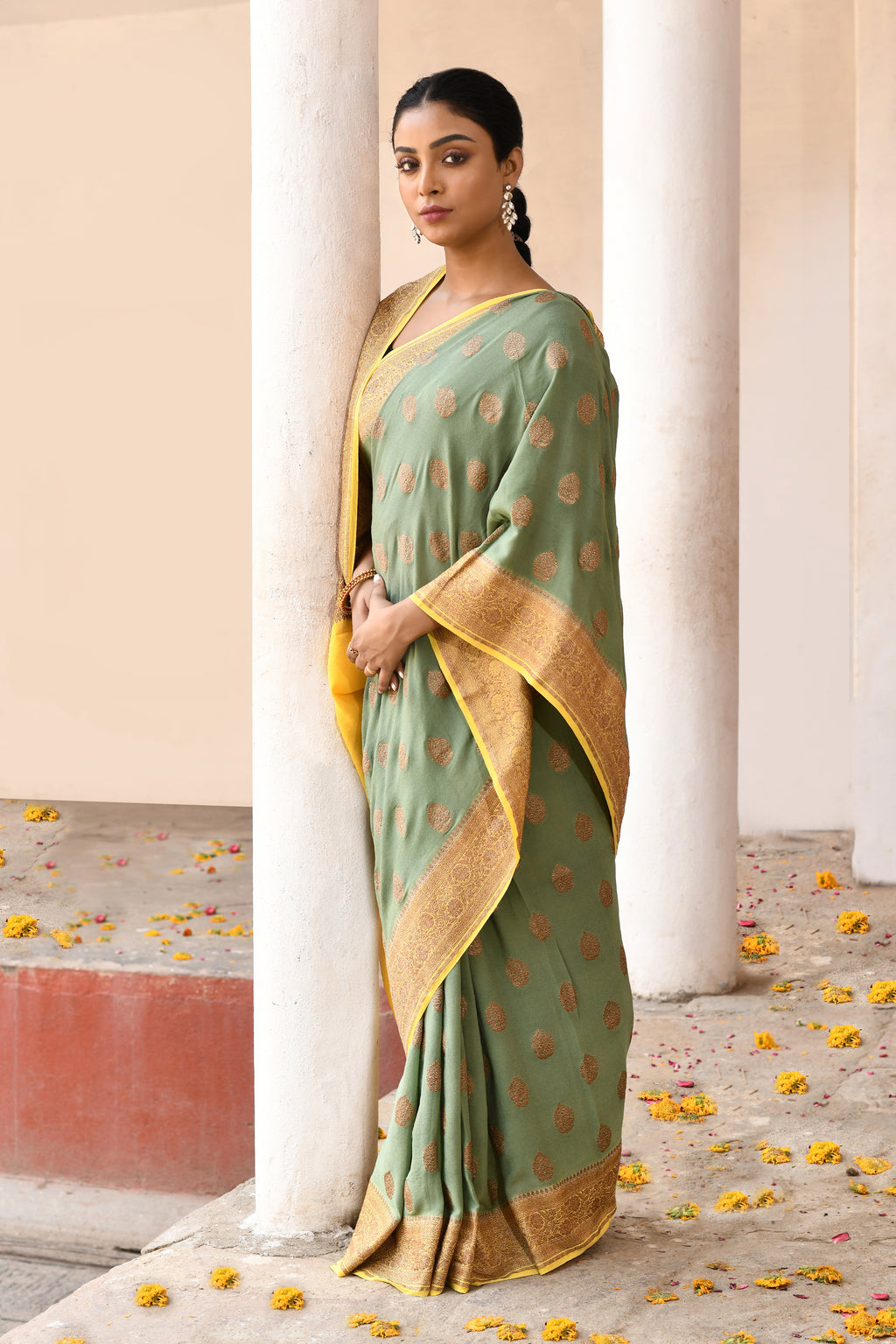 Green Banarasi Crape Chiffon Silk Saree