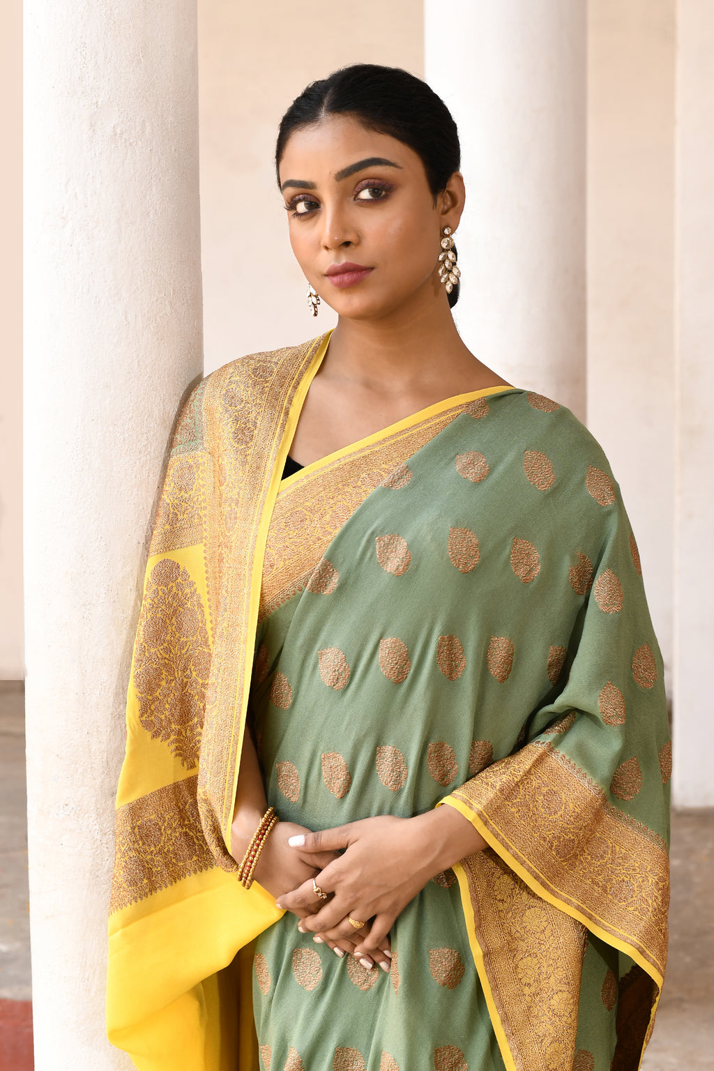 Green Banarasi Crape Chiffon Silk Saree