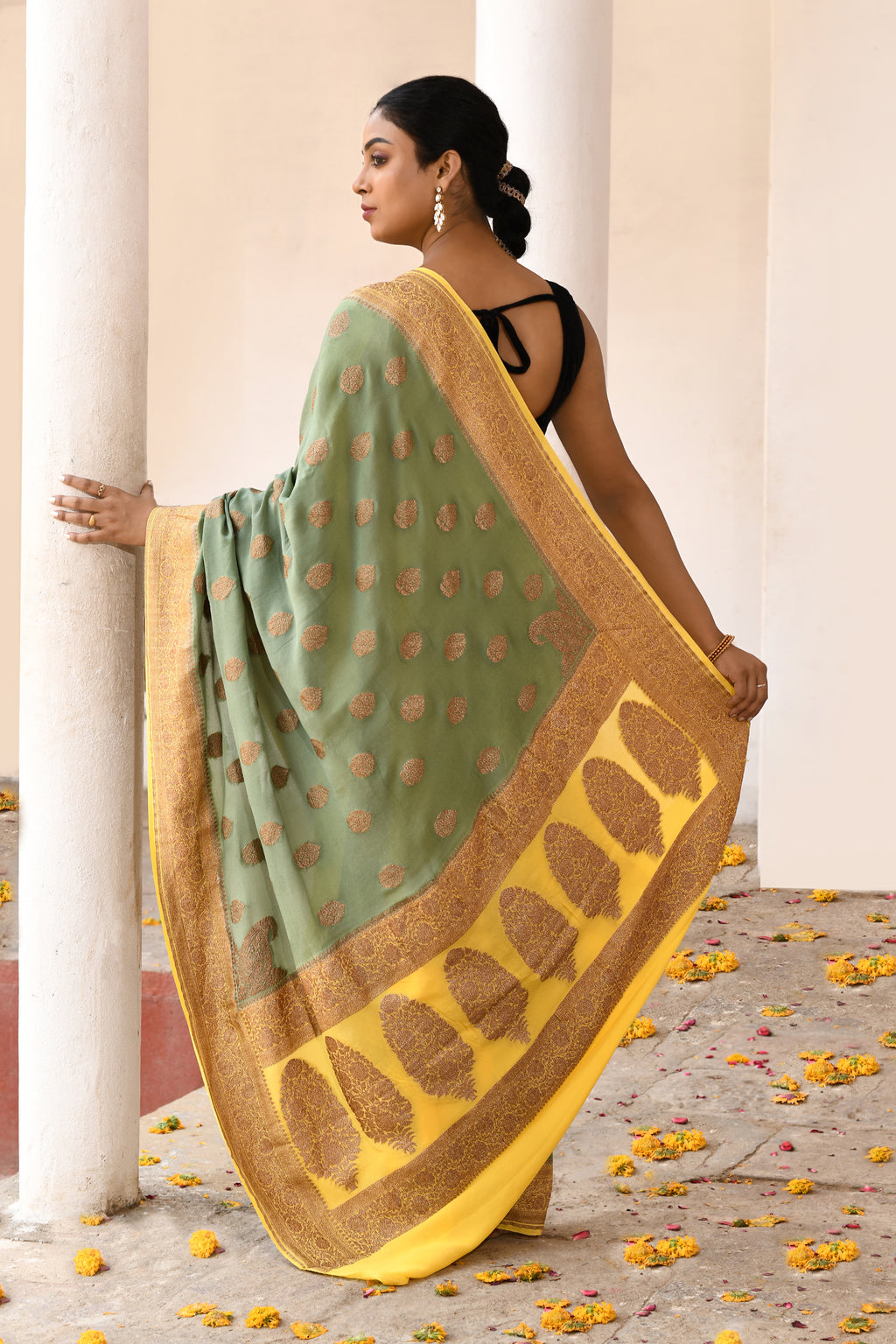 Green Banarasi Crape Chiffon Silk Saree