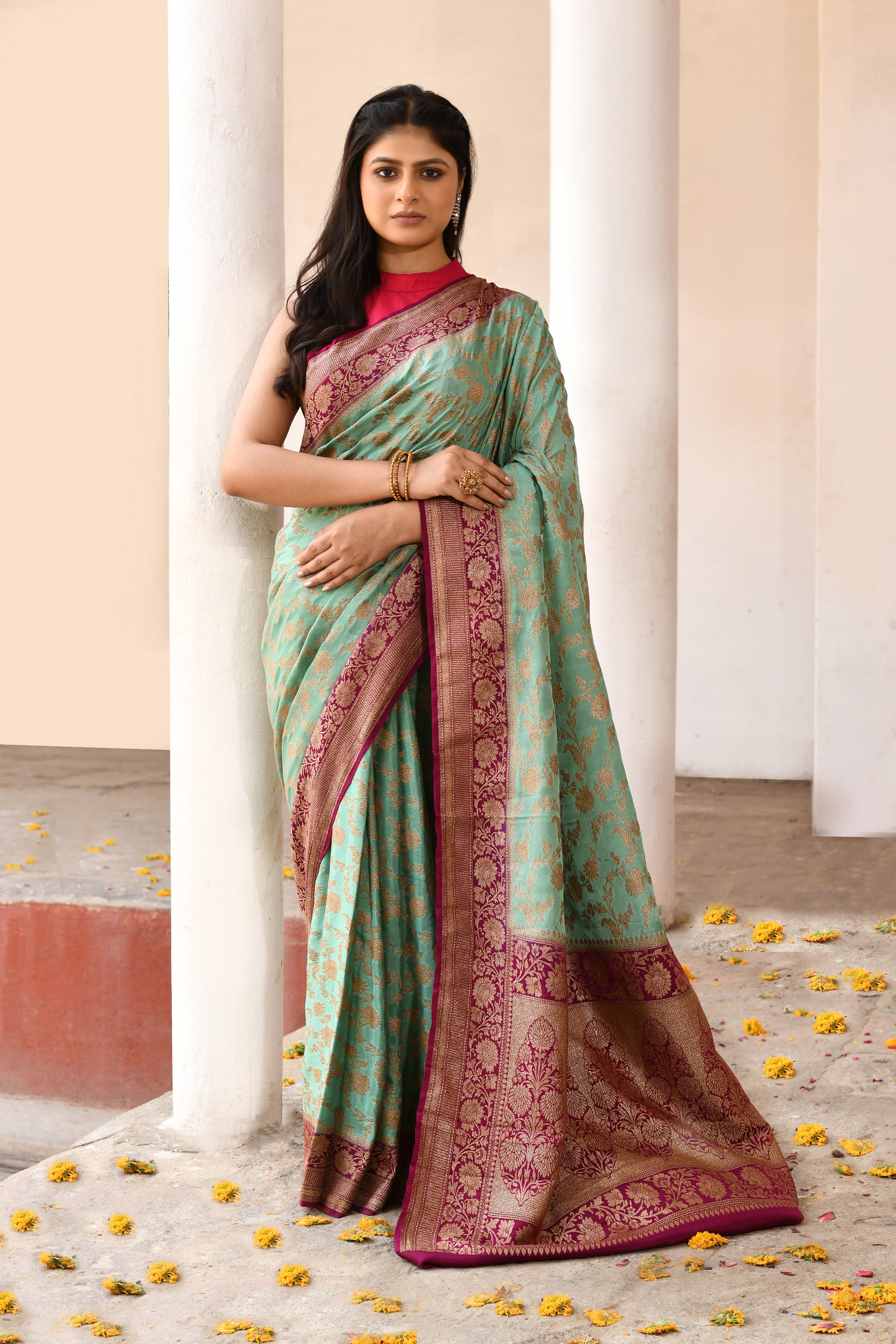 Mint Green Banarasi Crape Chiffon Silk Saree