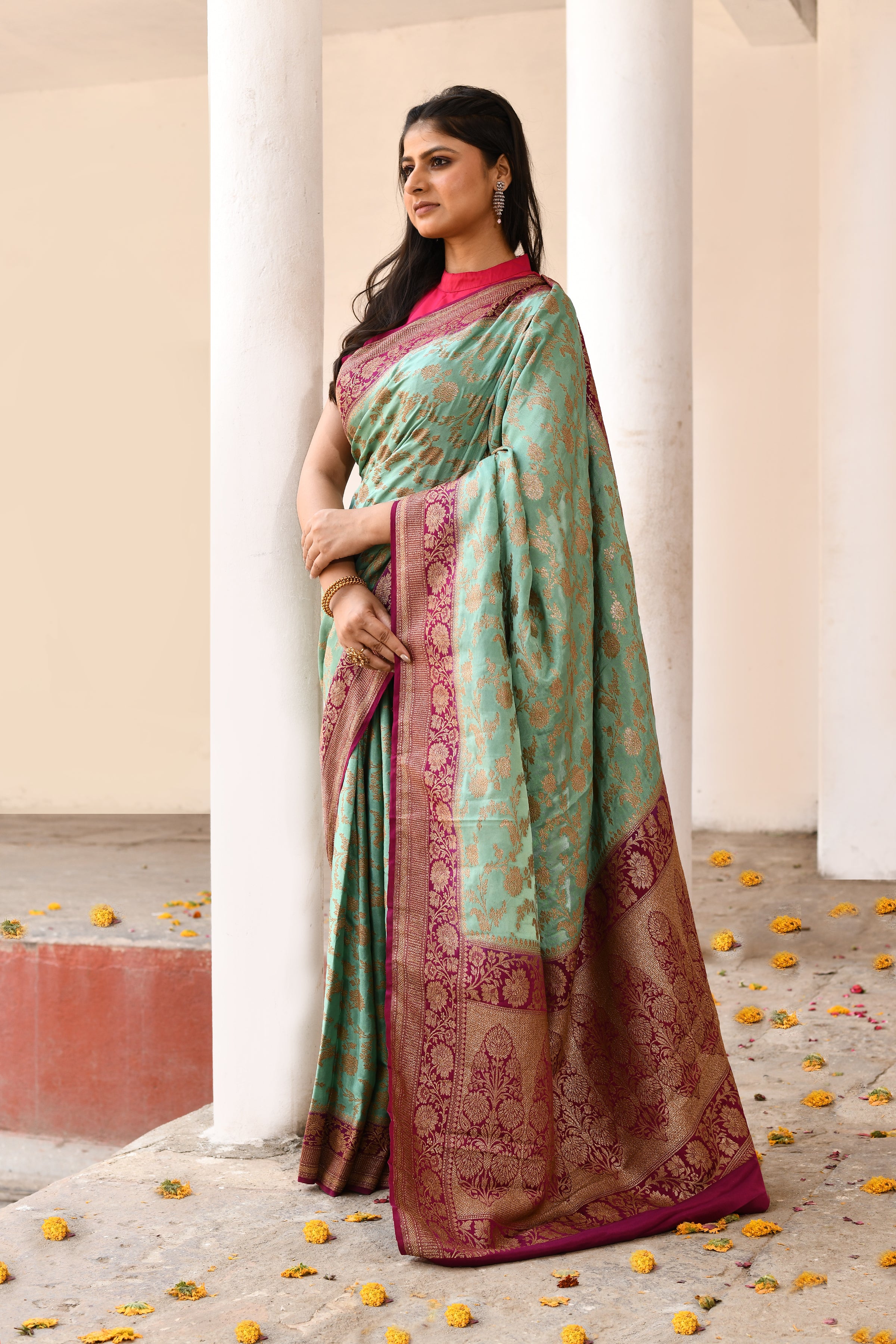 Mint Green Banarasi Crape Chiffon Silk Saree