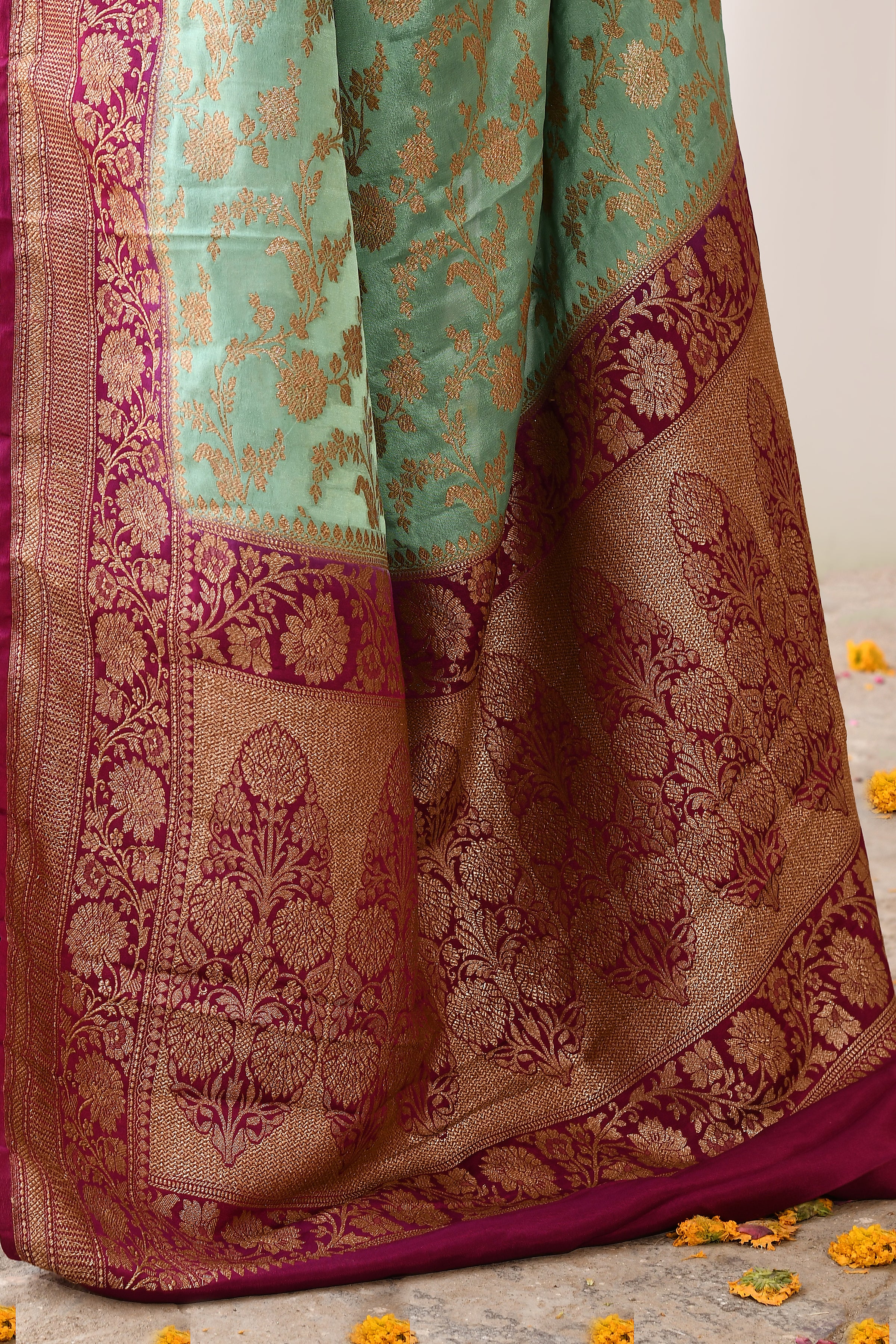 Mint Green Banarasi Crape Chiffon Silk Saree