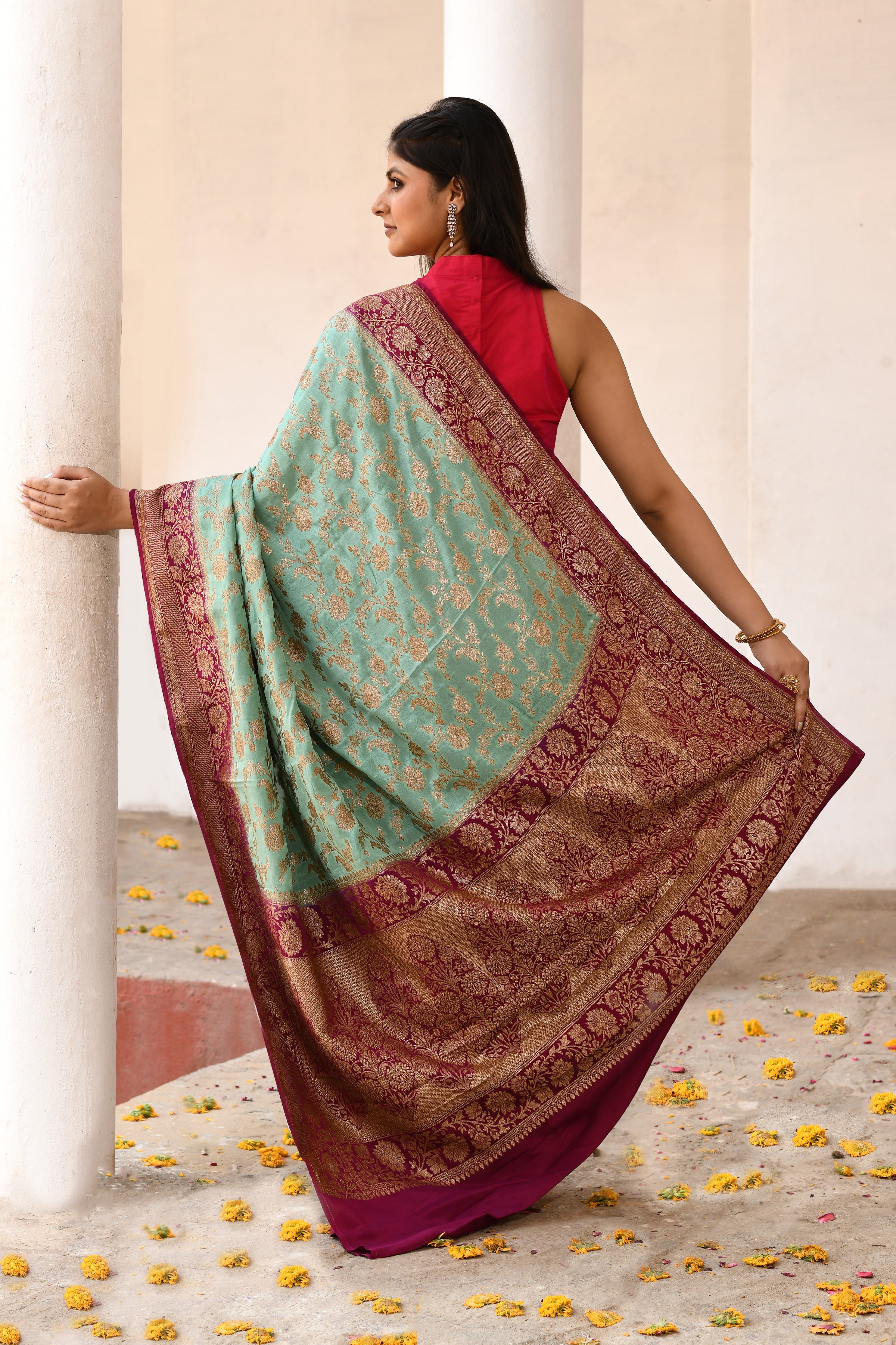 Mint Green Banarasi Crape Chiffon Silk Saree