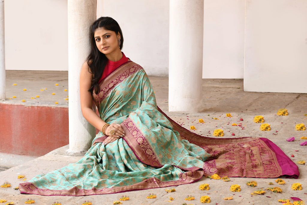 Mint Green Banarasi Crape Chiffon Silk Saree