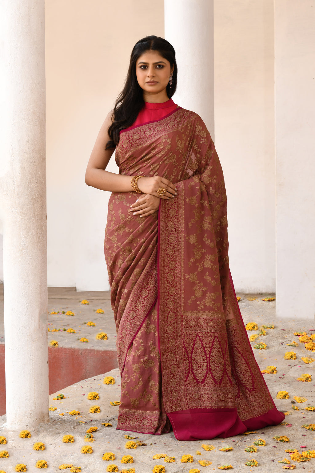 Rust Brown Banarasi Crape Chiffon Silk Saree