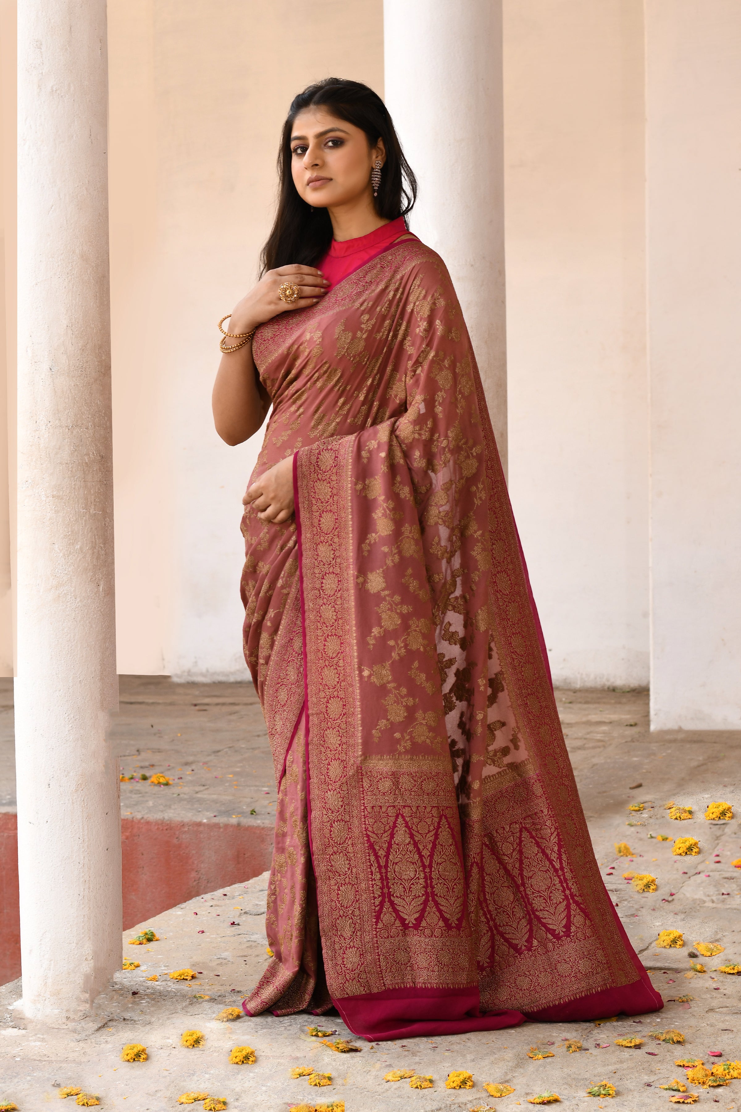 Rust Brown Banarasi Crape Chiffon Silk Saree