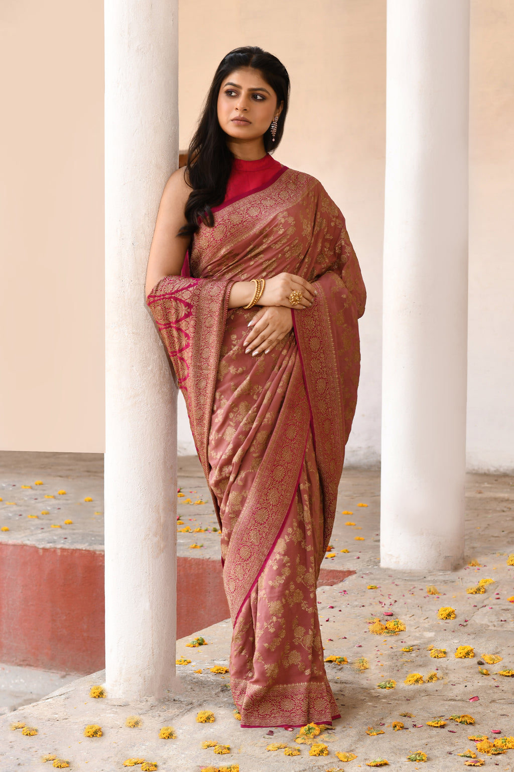 Rust Brown Banarasi Crape Chiffon Silk Saree