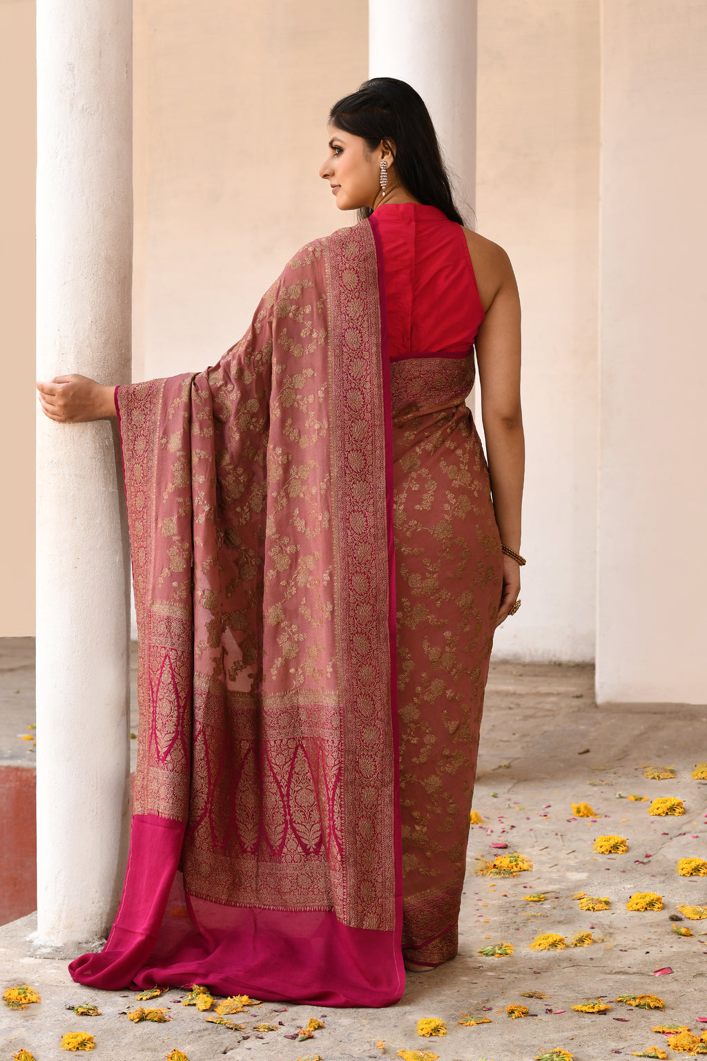 Rust Brown Banarasi Crape Chiffon Silk Saree
