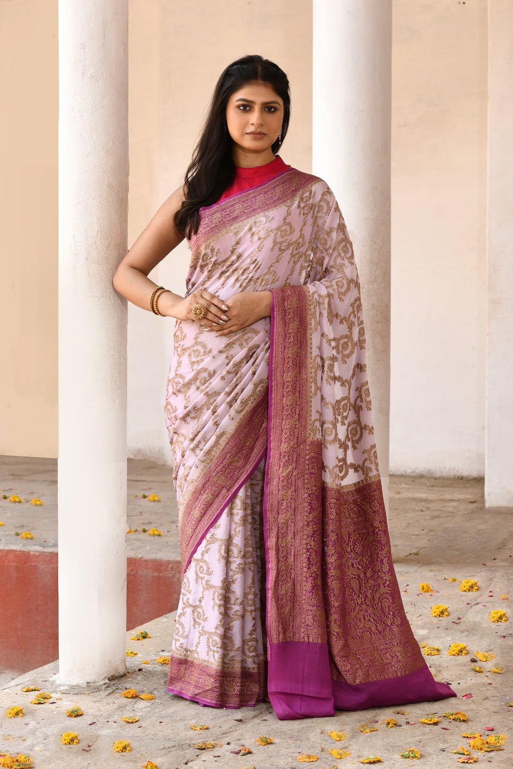 Pastel lilac Banarasi Crape Chiffon Silk Saree