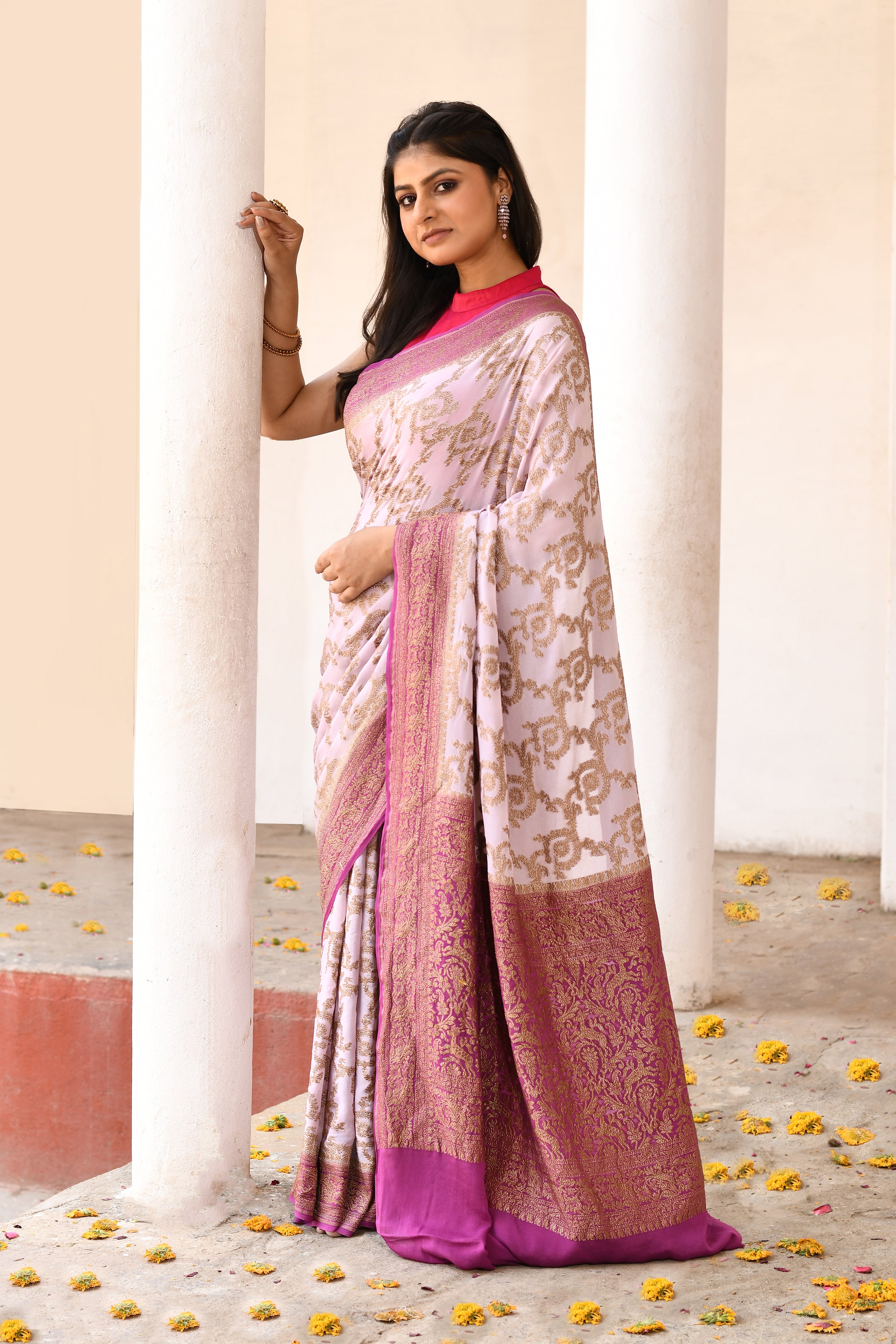 Pastel lilac Banarasi Crape Chiffon Silk Saree