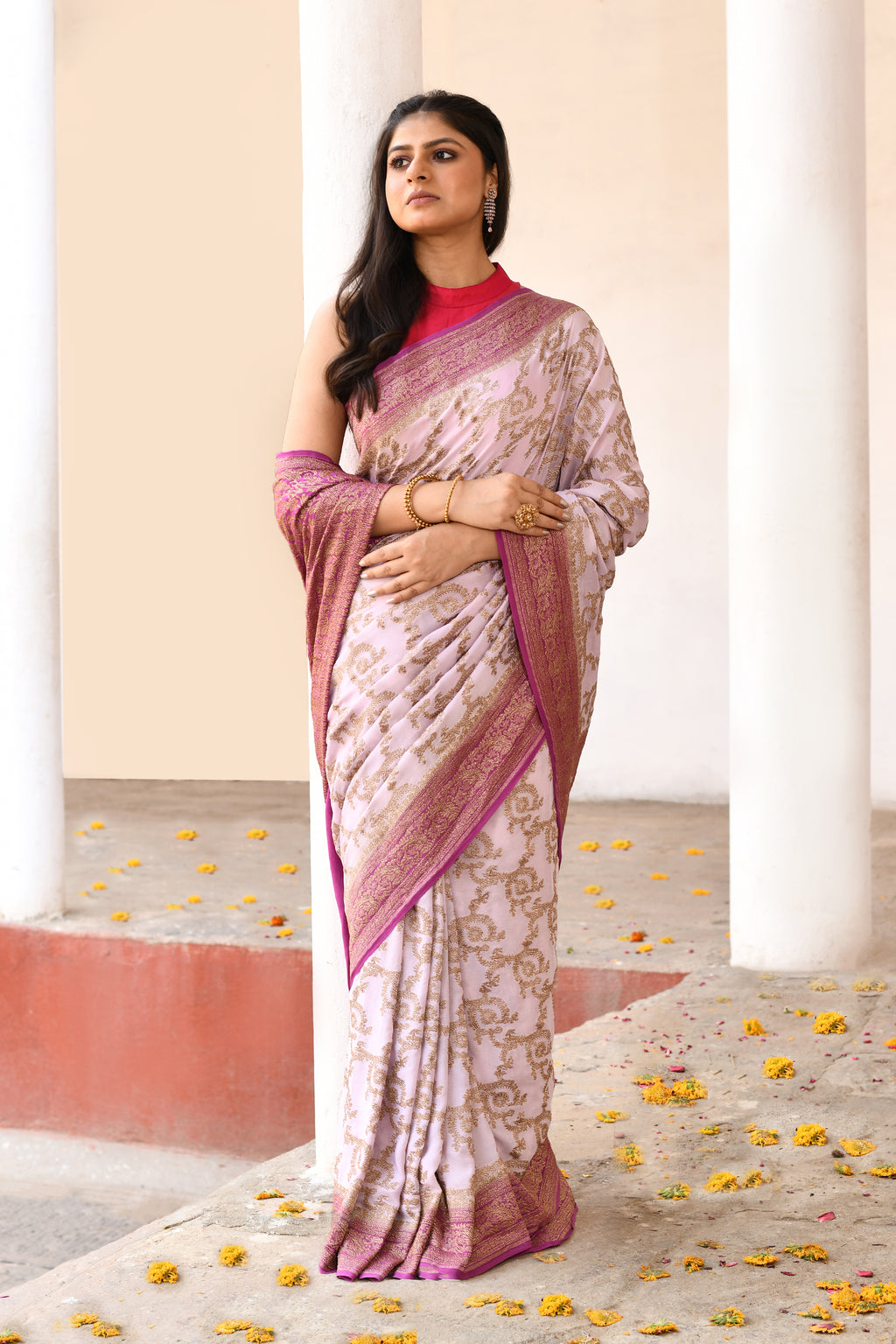 Pastel lilac Banarasi Crape Chiffon Silk Saree