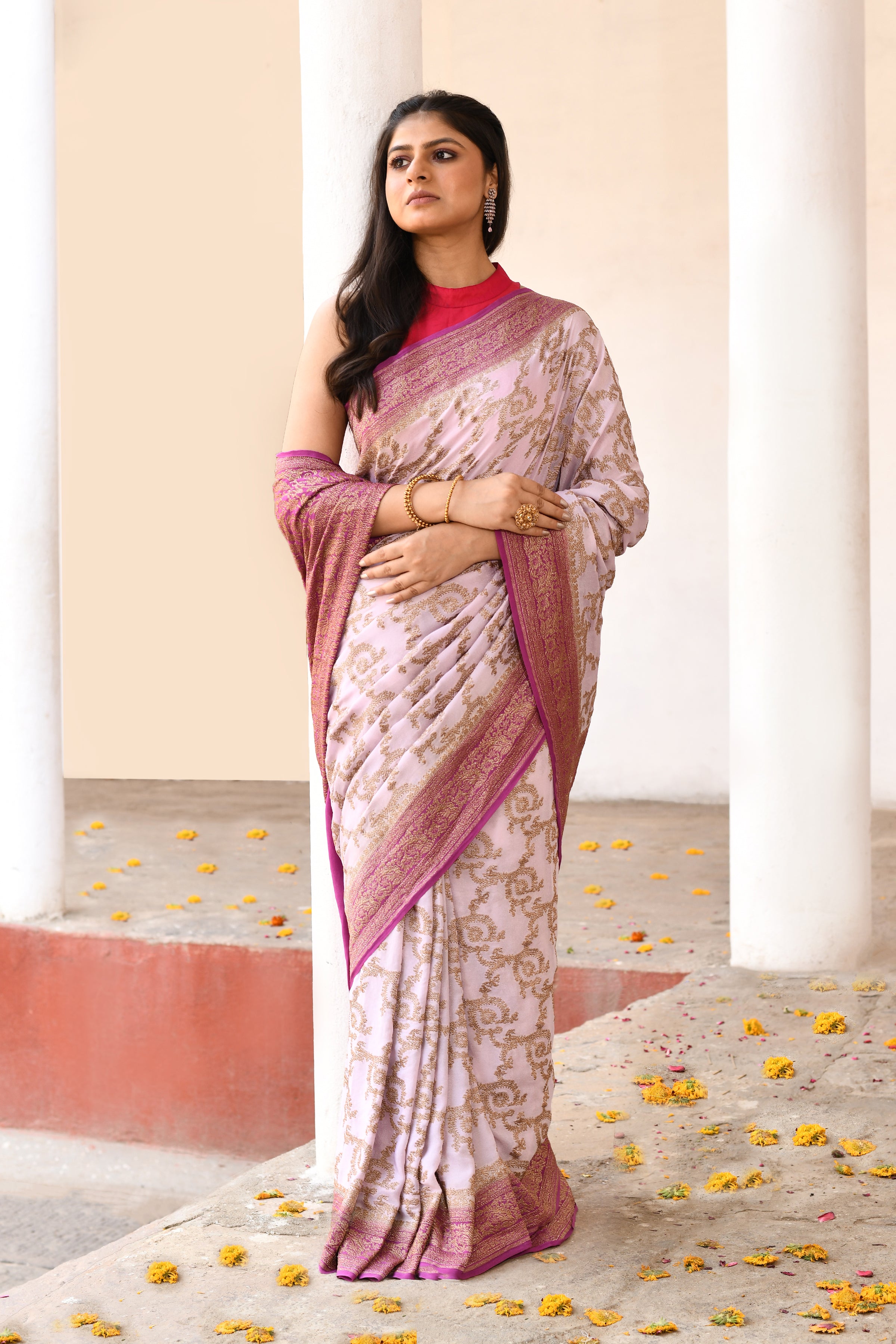 Pastel lilac Banarasi Crape Chiffon Silk Saree