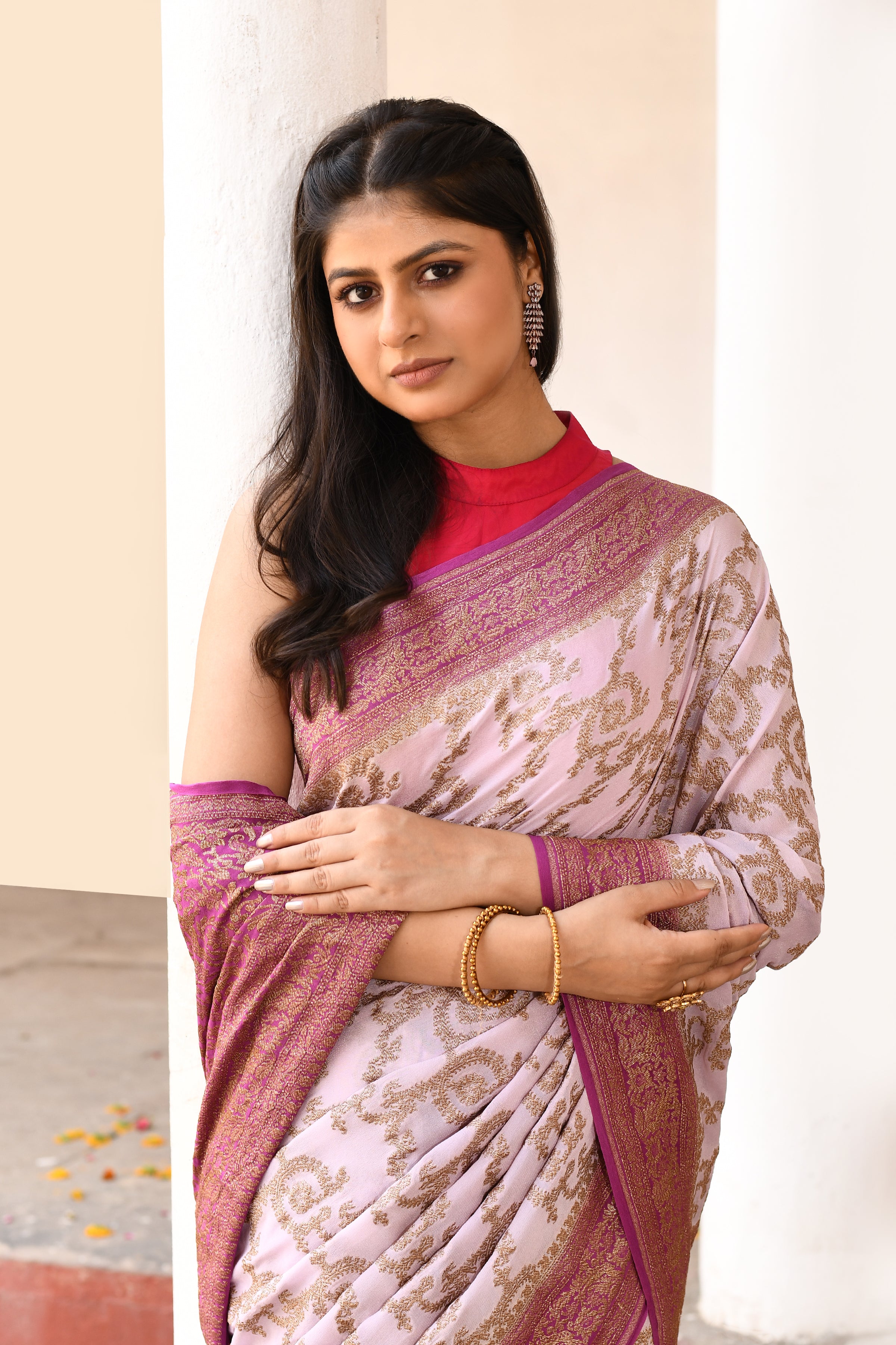 Pastel lilac Banarasi Crape Chiffon Silk Saree