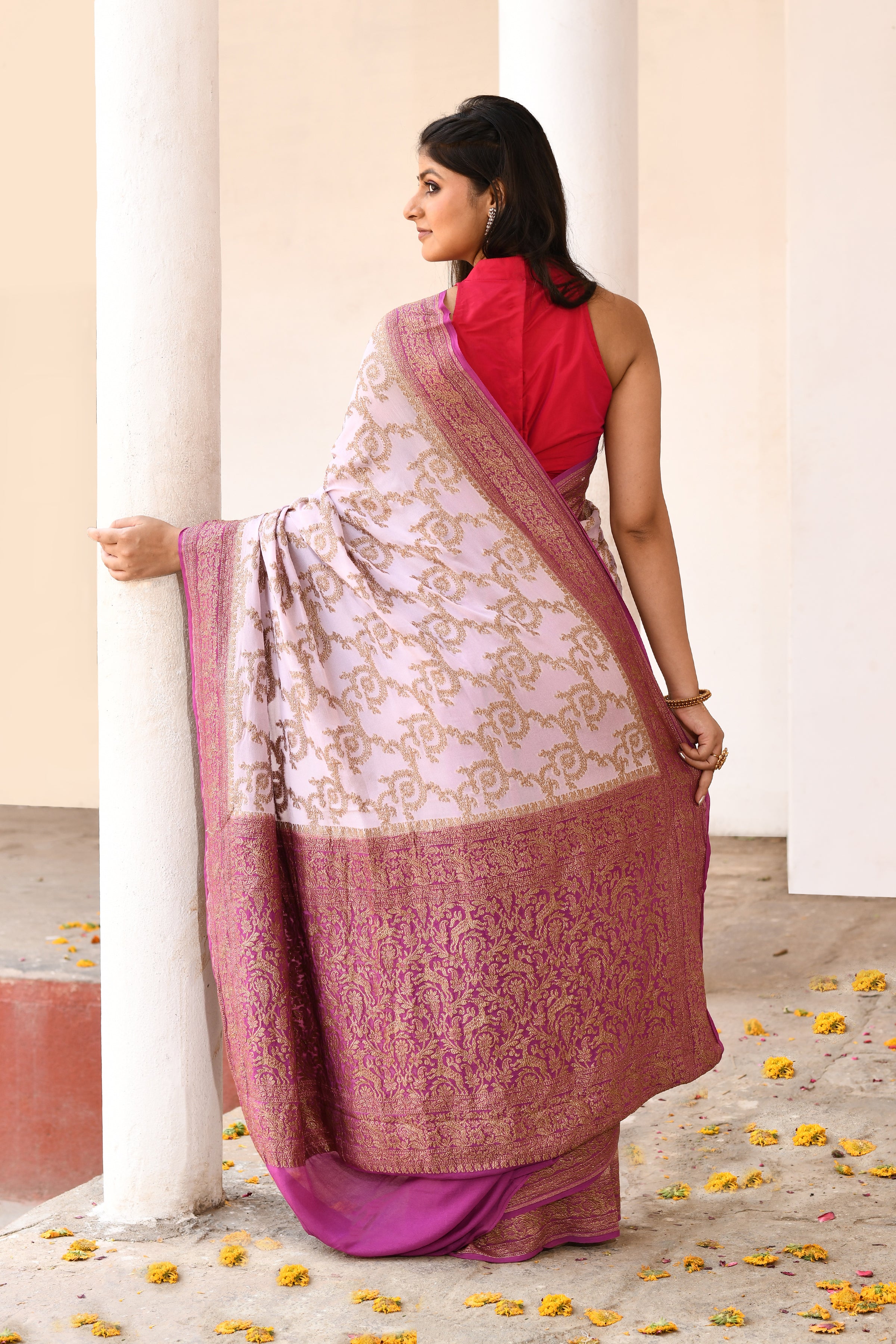 Pastel lilac Banarasi Crape Chiffon Silk Saree