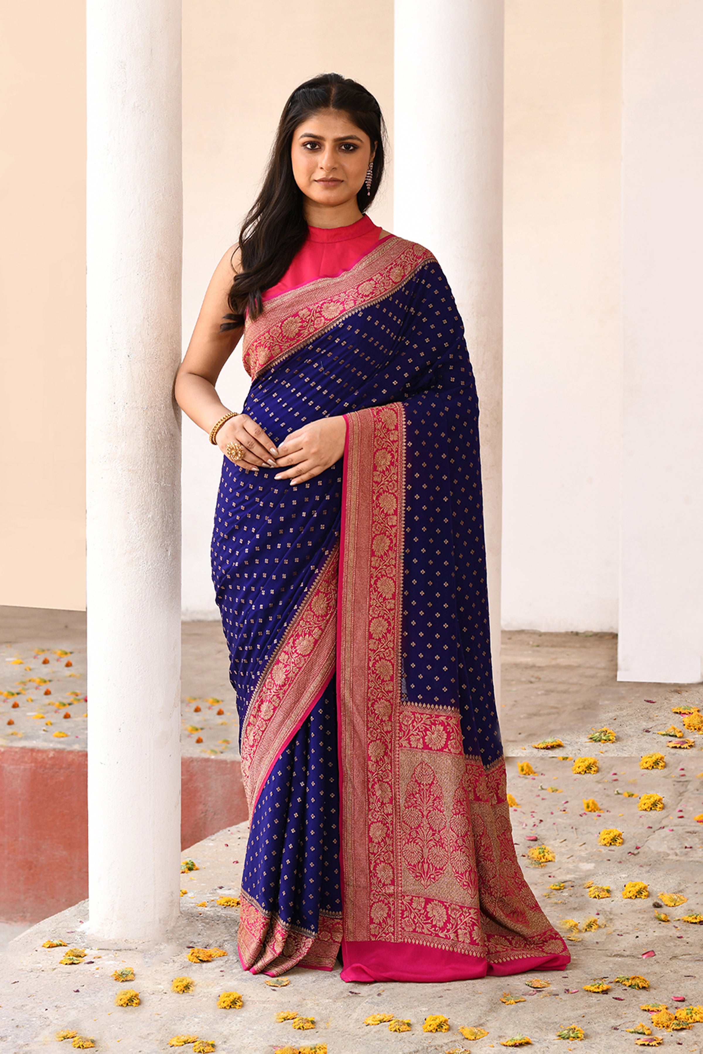 Navy Blue Banarasi Crape Chiffon Silk Saree