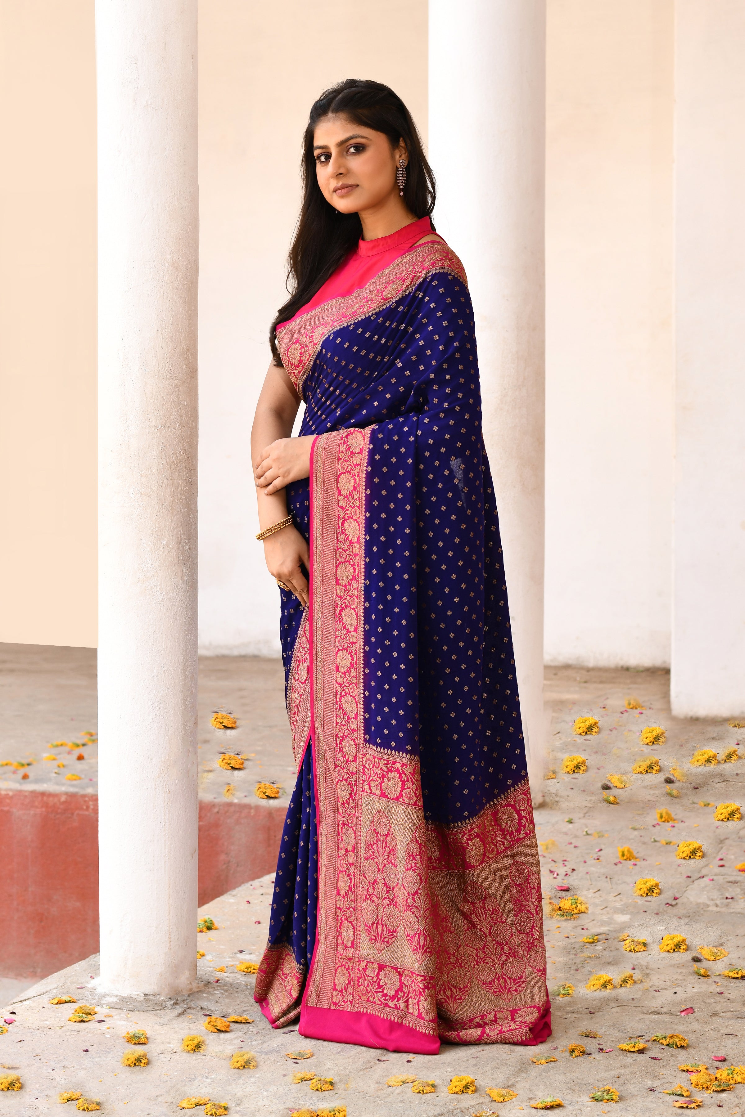 Navy Blue Banarasi Crape Chiffon Silk Saree