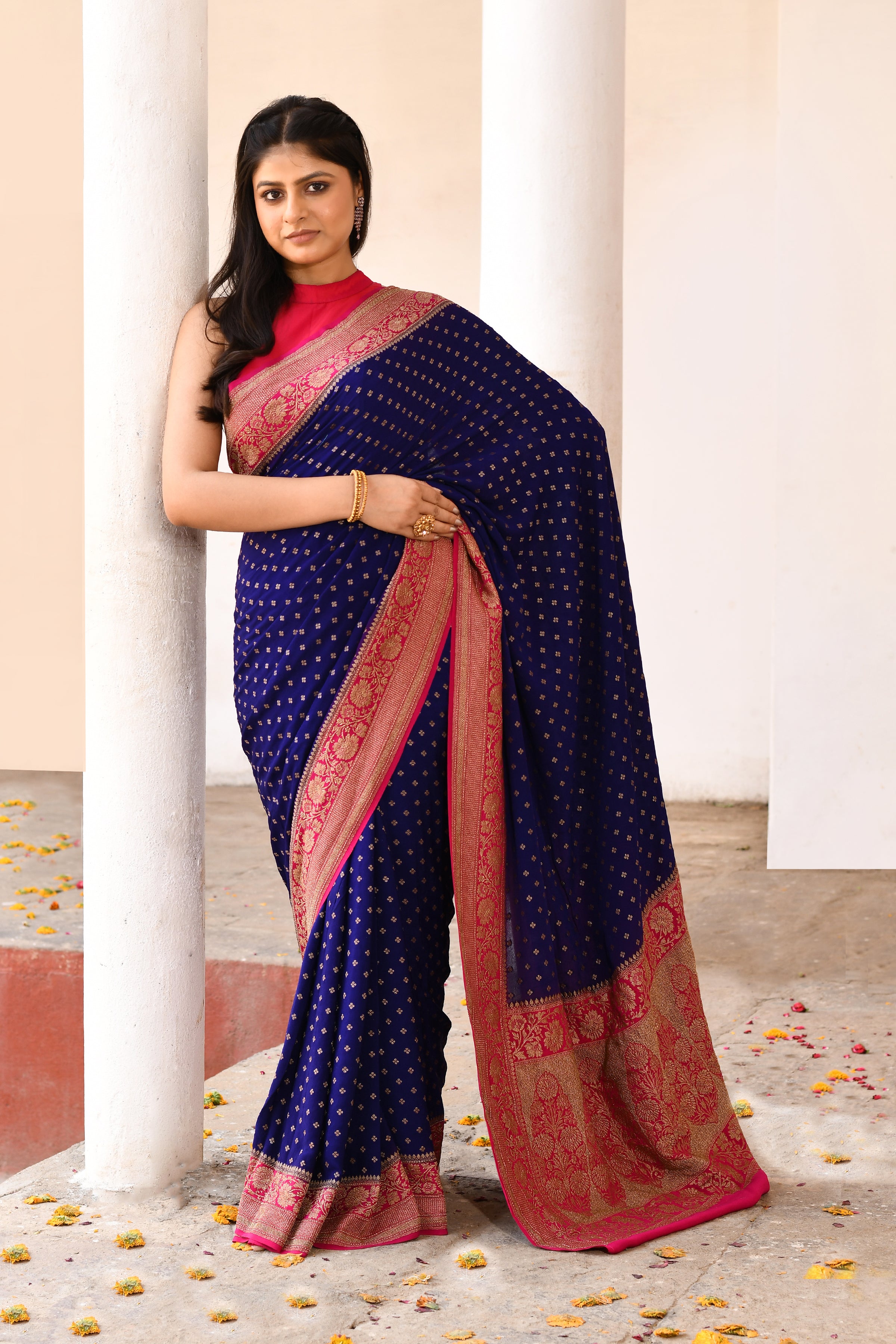 Navy Blue Banarasi Crape Chiffon Silk Saree