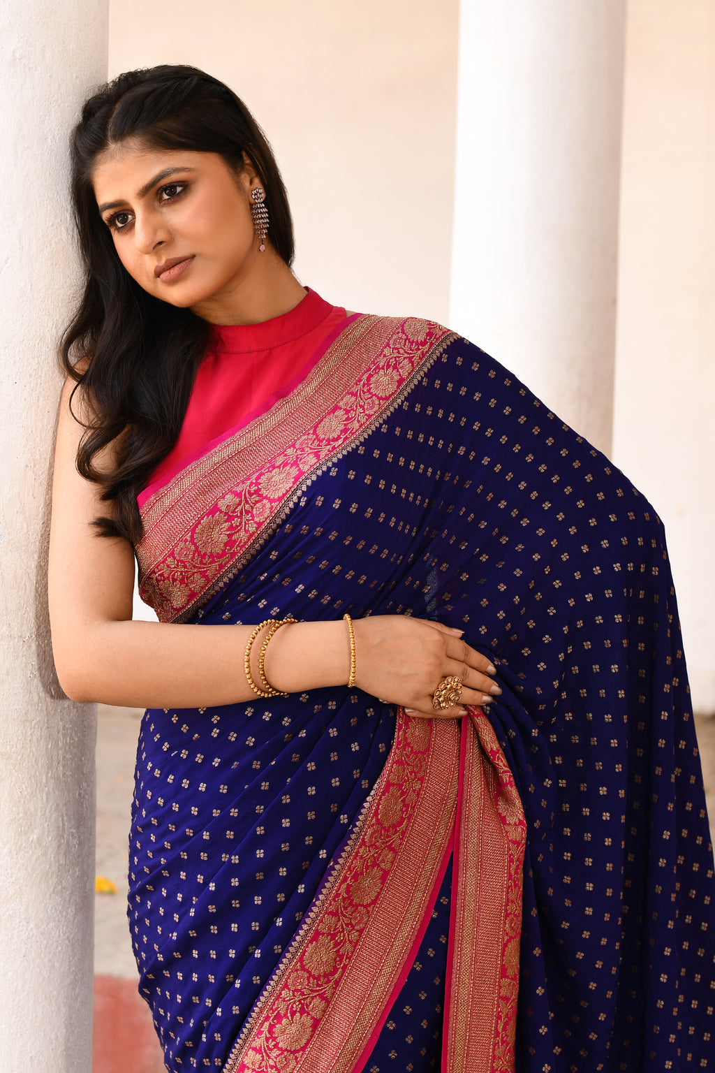 Navy Blue Banarasi Crape Chiffon Silk Saree